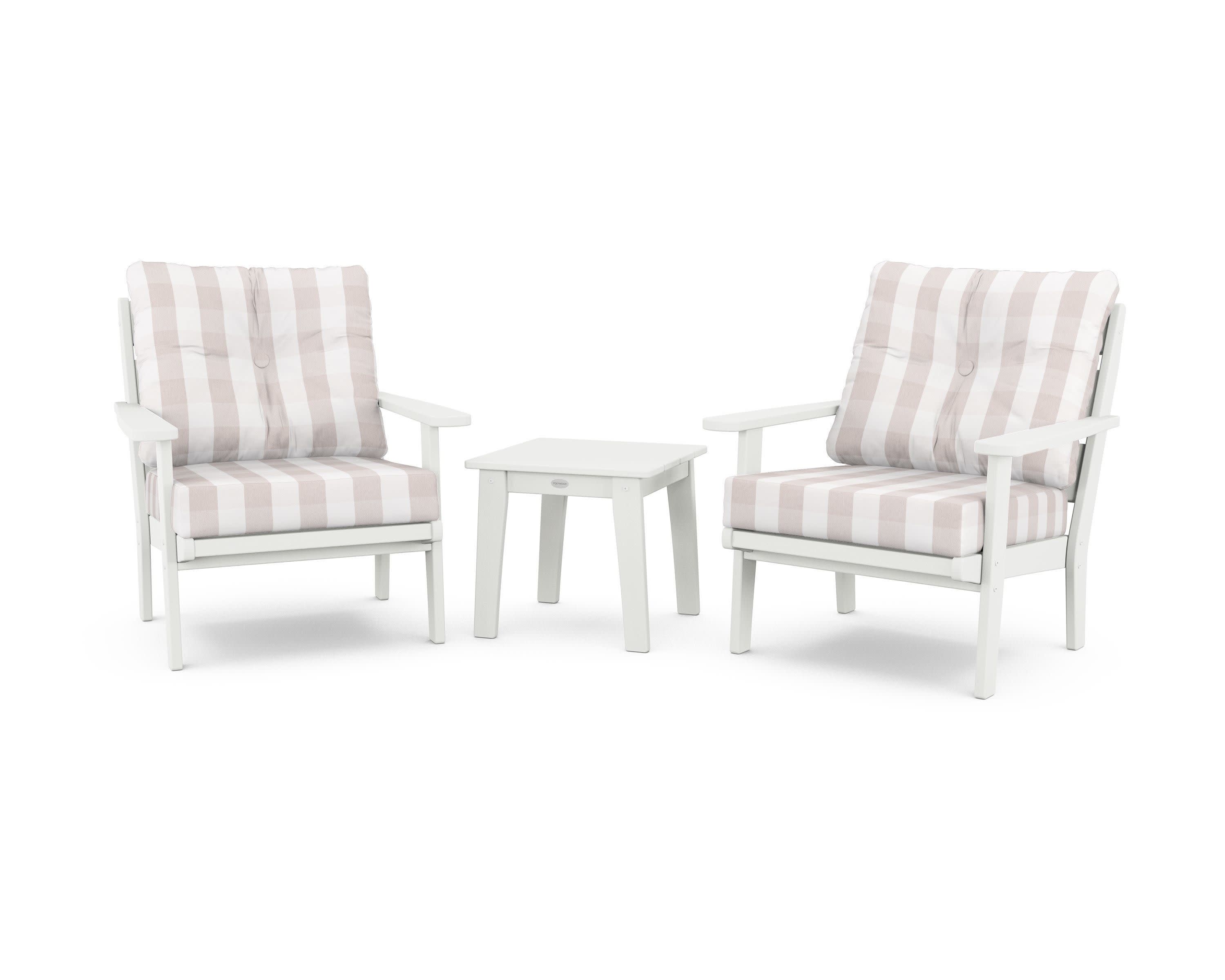 Lakeside 3-Piece Deep Seating Chair Set in Vintage White / Buffalo Plaid Dune Burlap