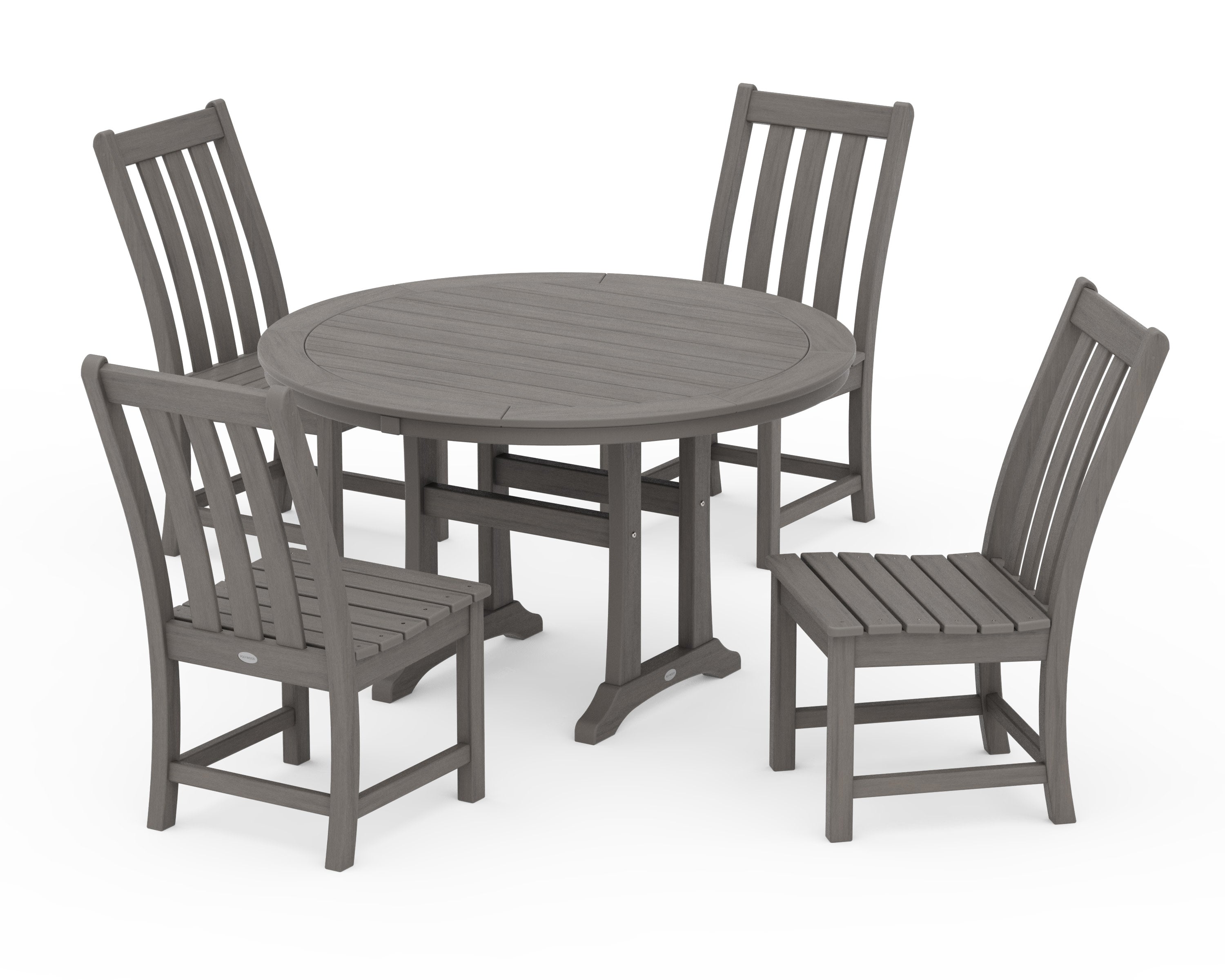 Vineyard Side Chair 5-Piece Round Dining Set With Trestle Legs in Driftwood