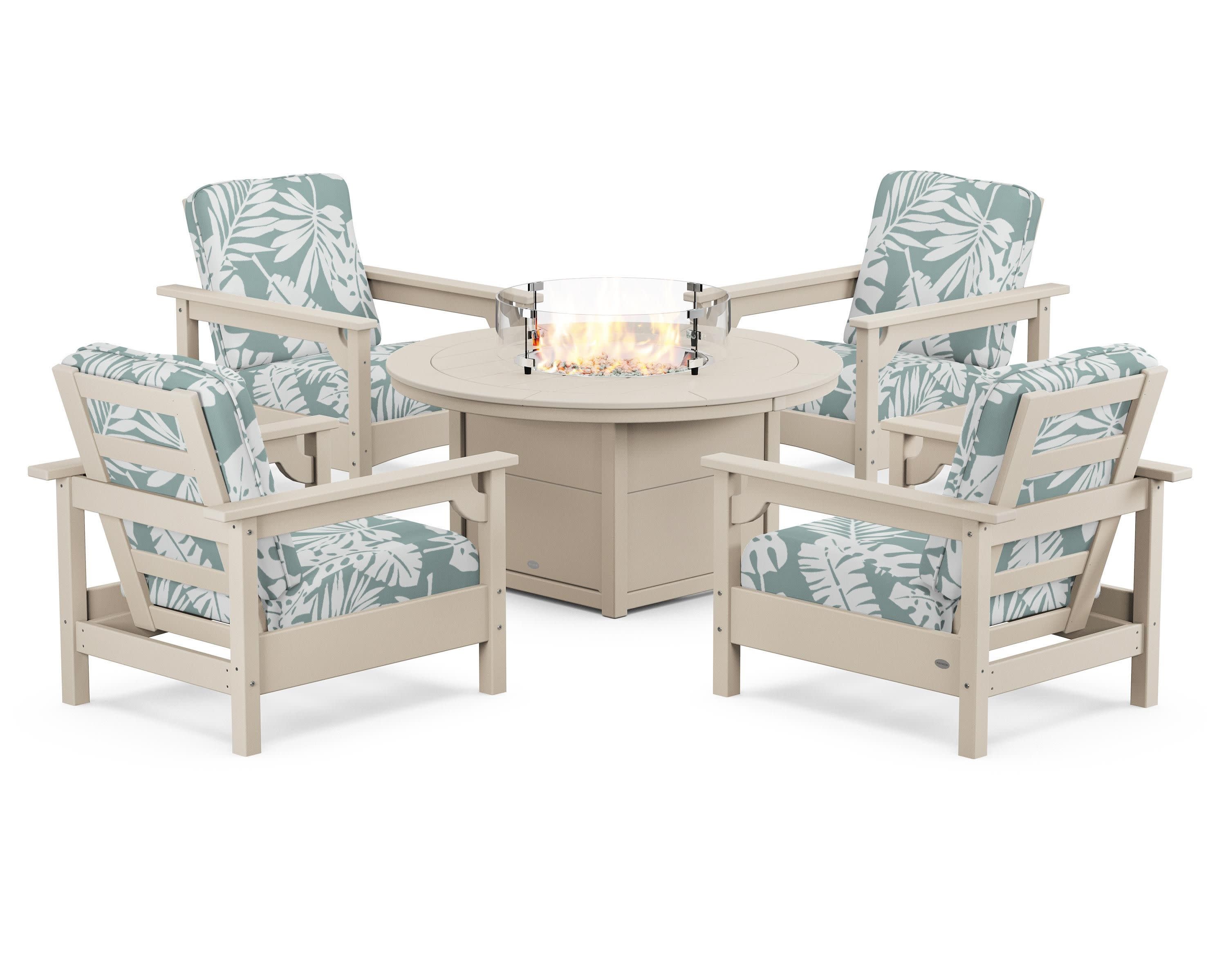 Club 5-Piece Conversation Set with Fire Pit Table in Sand / Leaf Glacier Spa