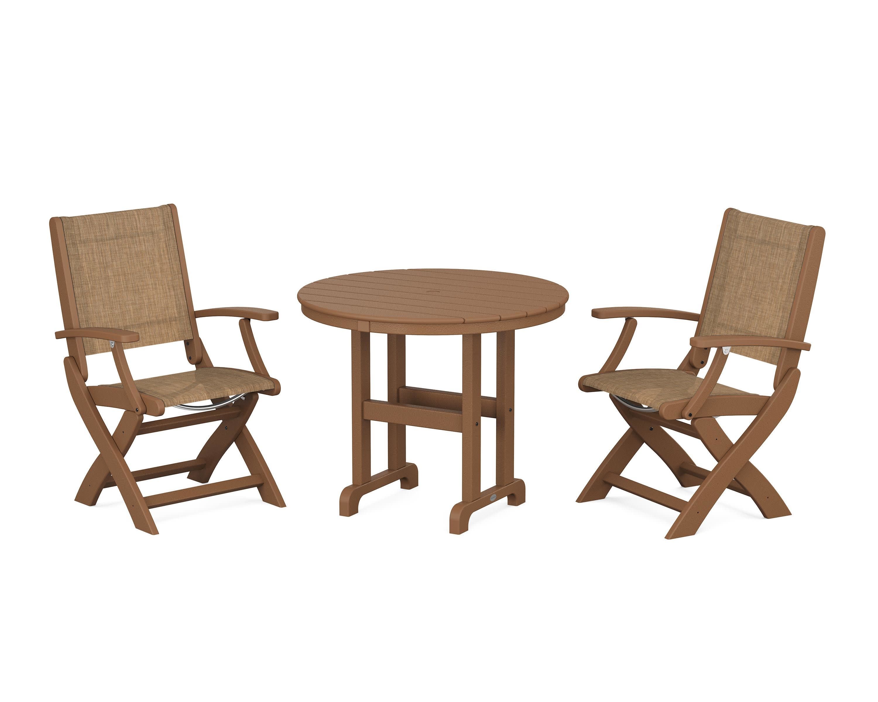 Coastal Folding Chair 3-Piece Round Dining Set in Teak / Burlap Sling