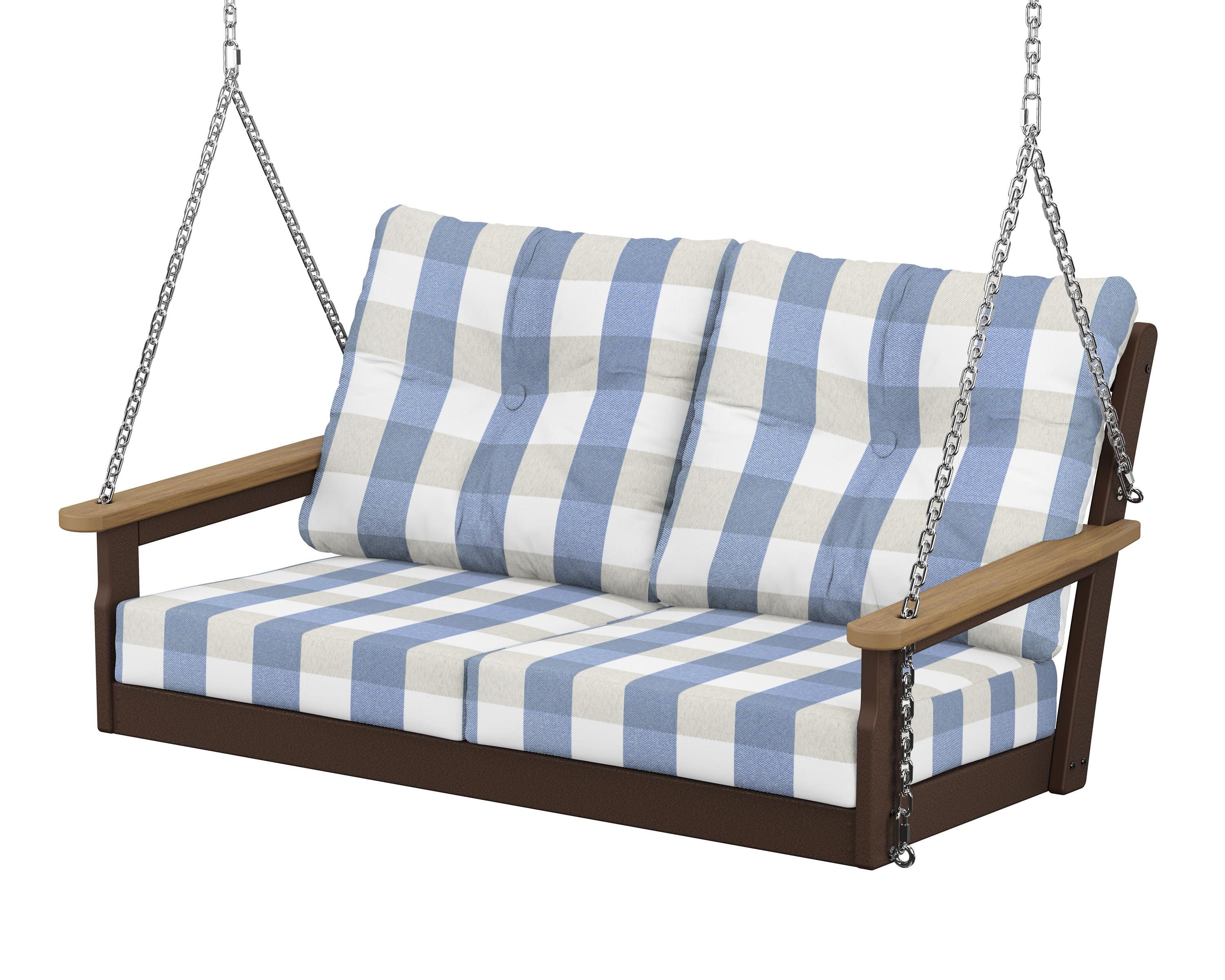 Vineyard Deep Seating Swing in Mahogany / Natural / Buffalo Plaid Sky Blue