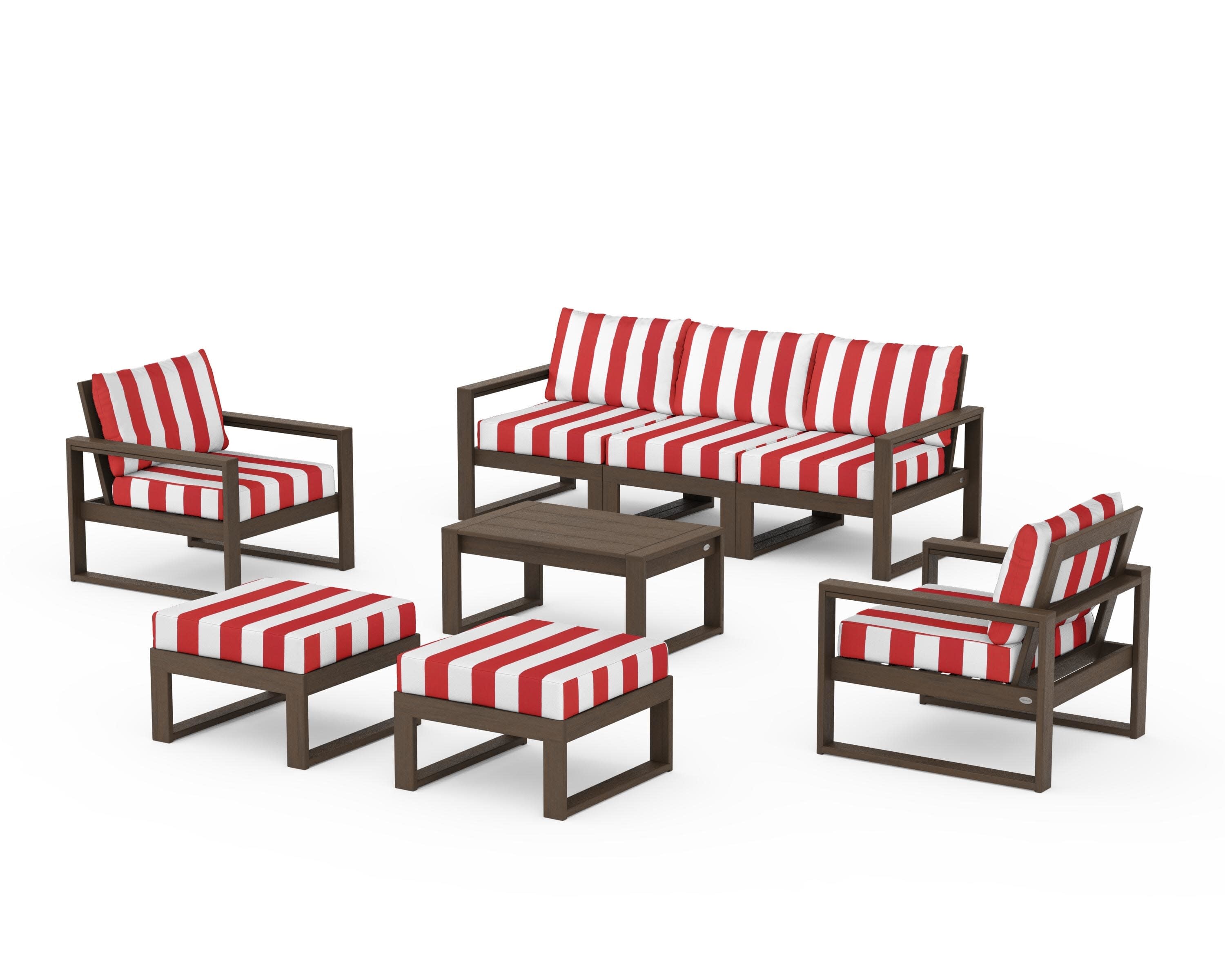 EDGE Sectional 8-Piece Lounge Sofa Set in Kona / Cabana Stripe Crimson