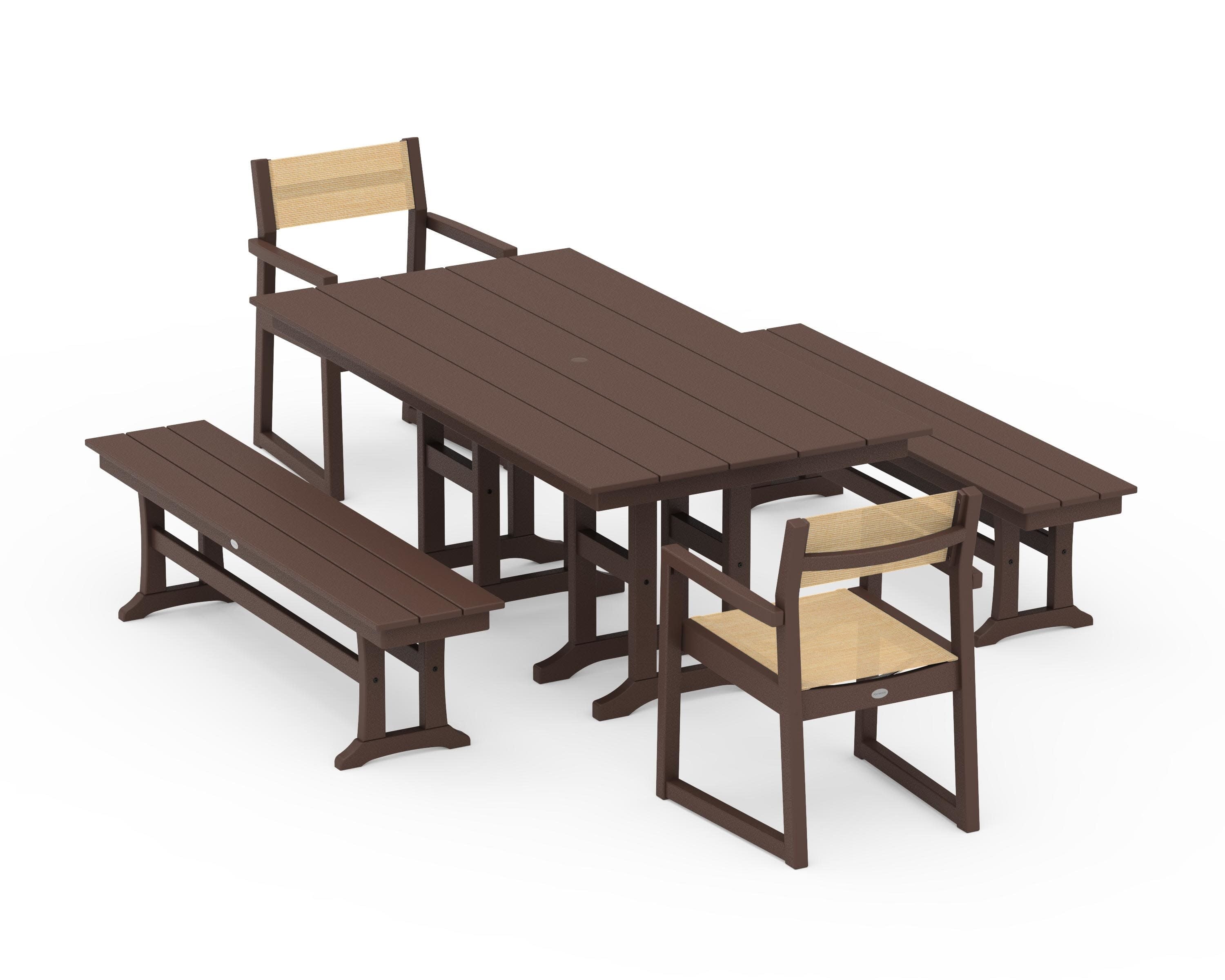 EDGE Sling Arm Chair 5-Piece Farmhouse Dining Set with Benches in Mahogany / Dupioni Apricot Sling