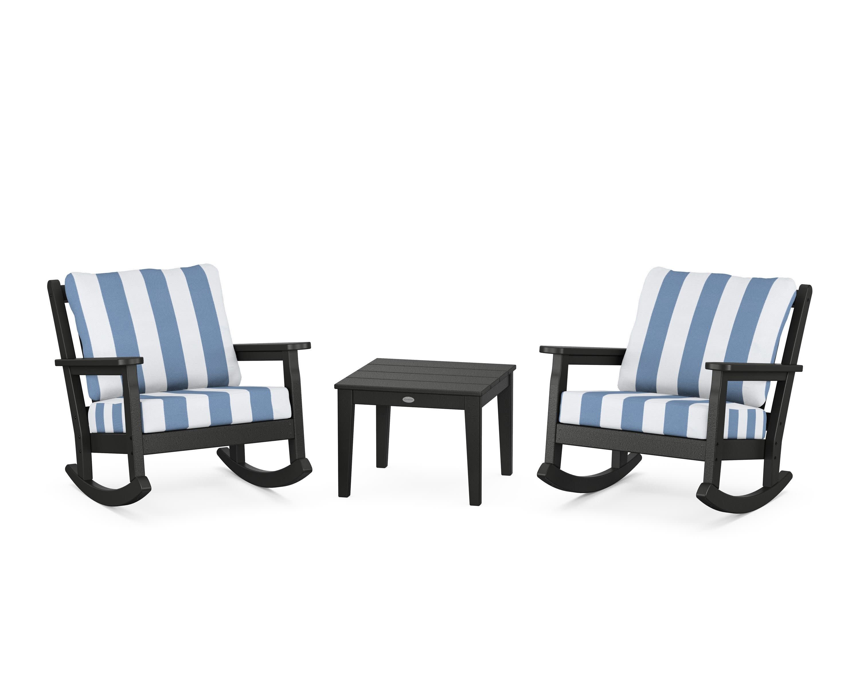 Chippendale 3-Piece Deep Seating Rocker Set in Black / Cabana Stripe Sky Blue