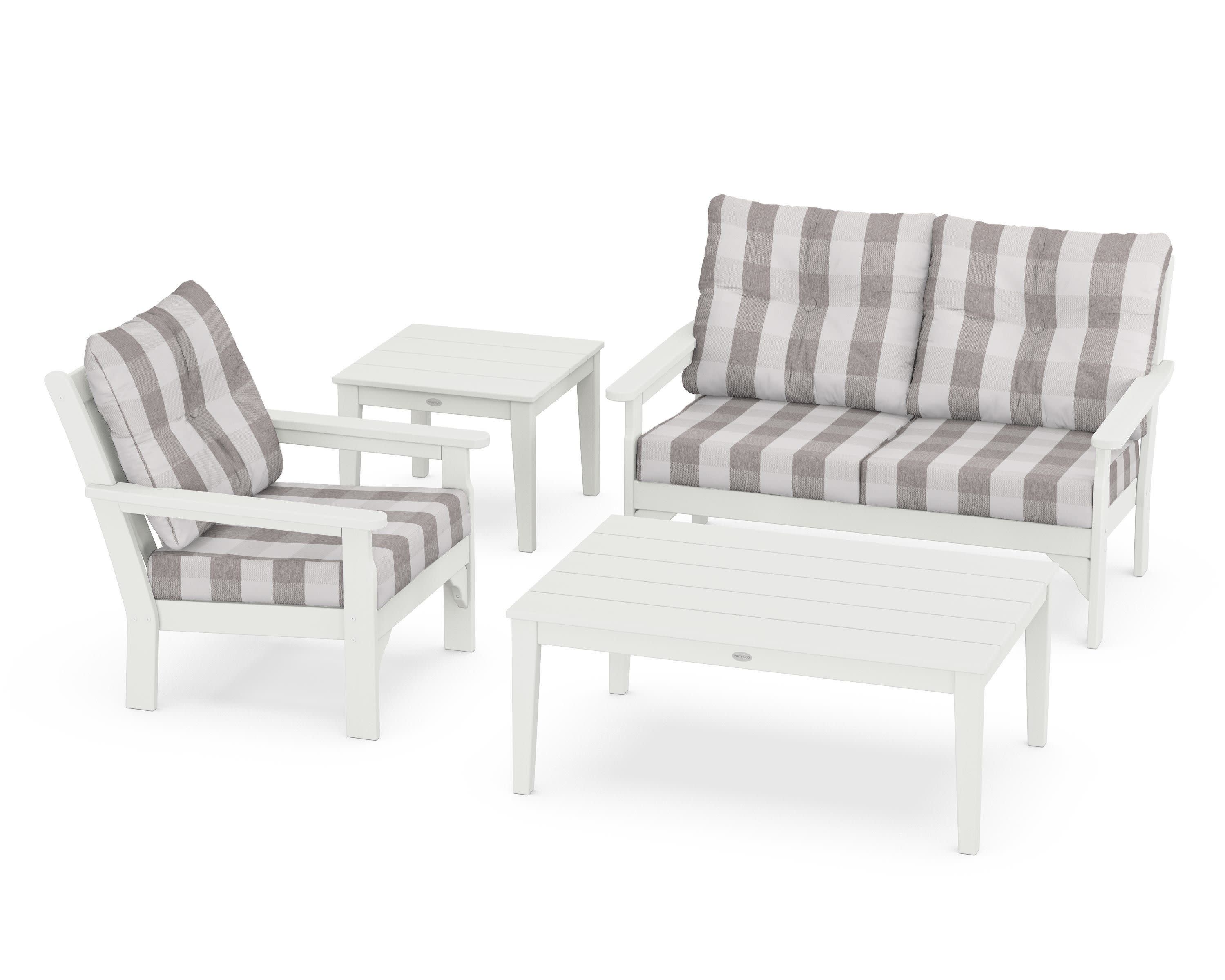 Vineyard 4-Piece Deep Seating Set in Vintage White / Buffalo Plaid Grey Mist