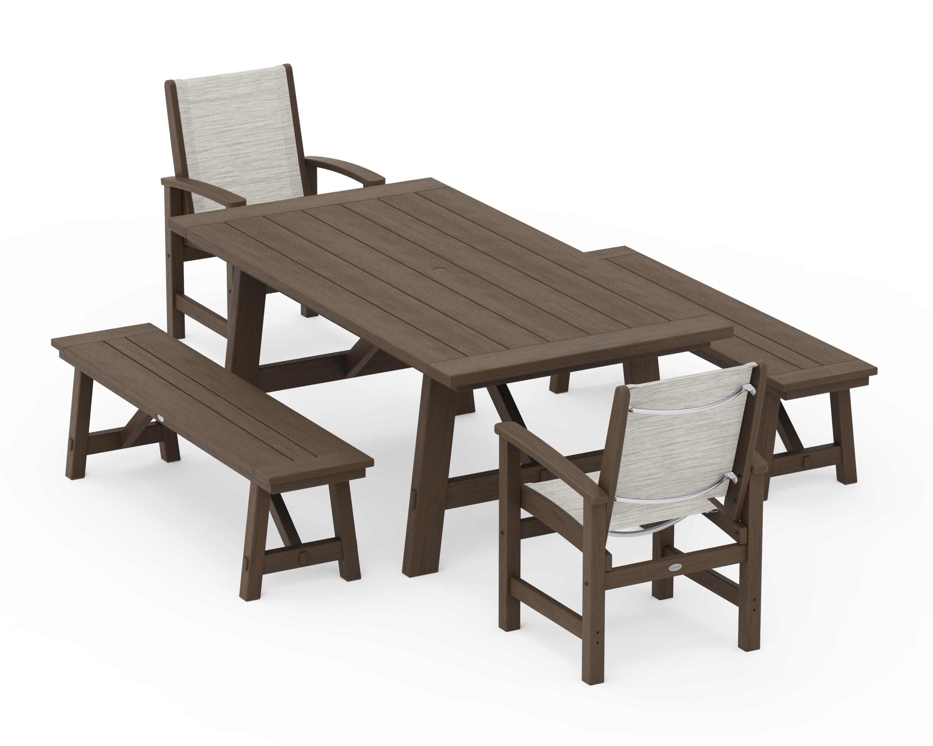 Coastal 5-Piece Rustic Farmhouse Dining Set With Benches in Kona / Birch Sling