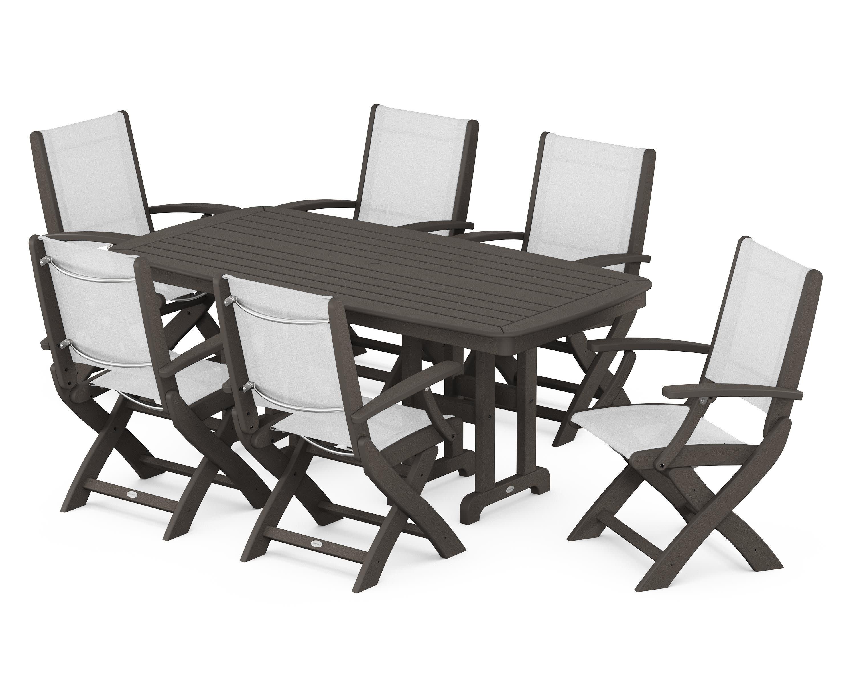 Coastal Folding Arm Chair 7-Piece Dining Set in Vintage Coffee / White Sling