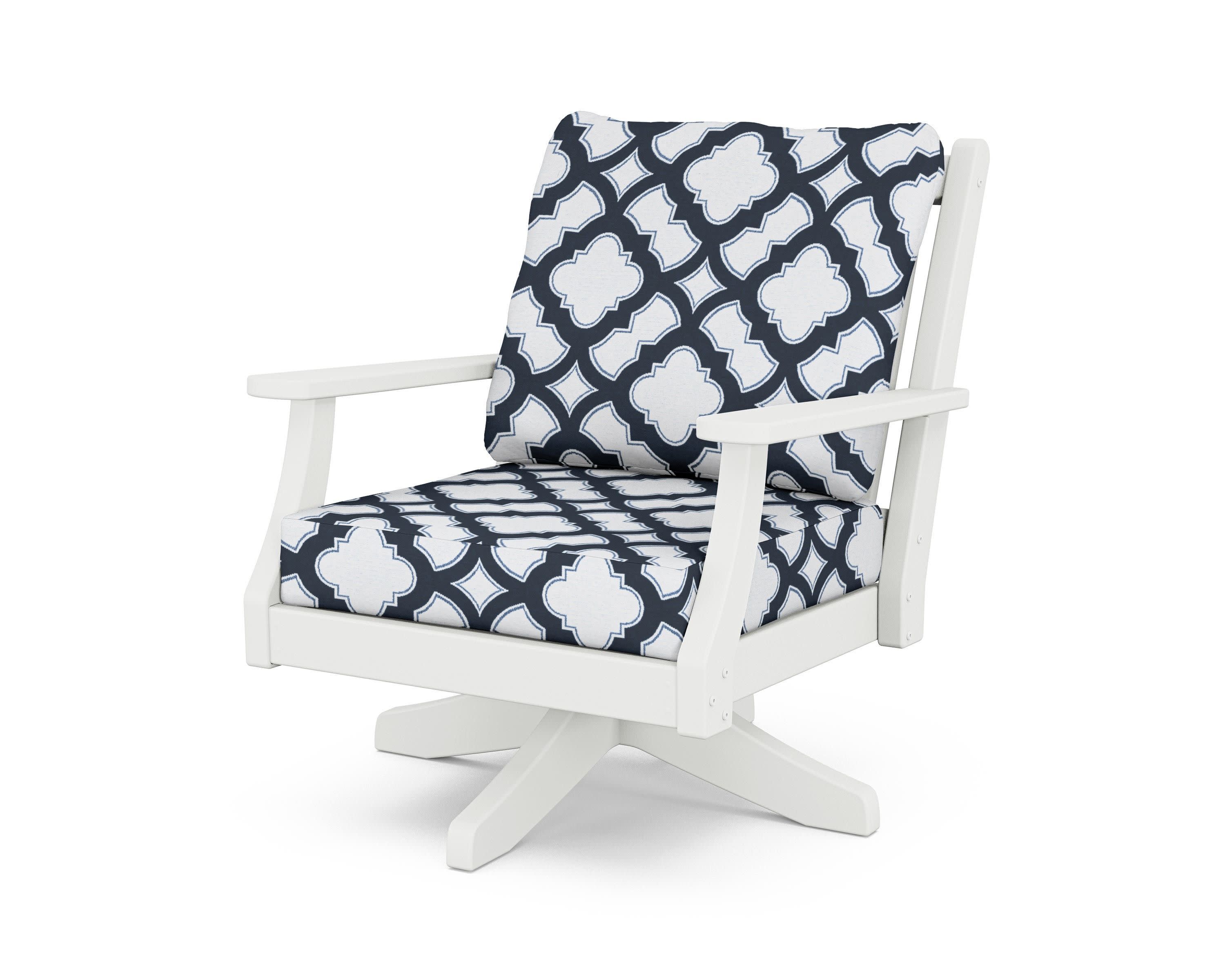 Wovendale Deep Seating Swivel Chair in White / Trellis Marine Indigo