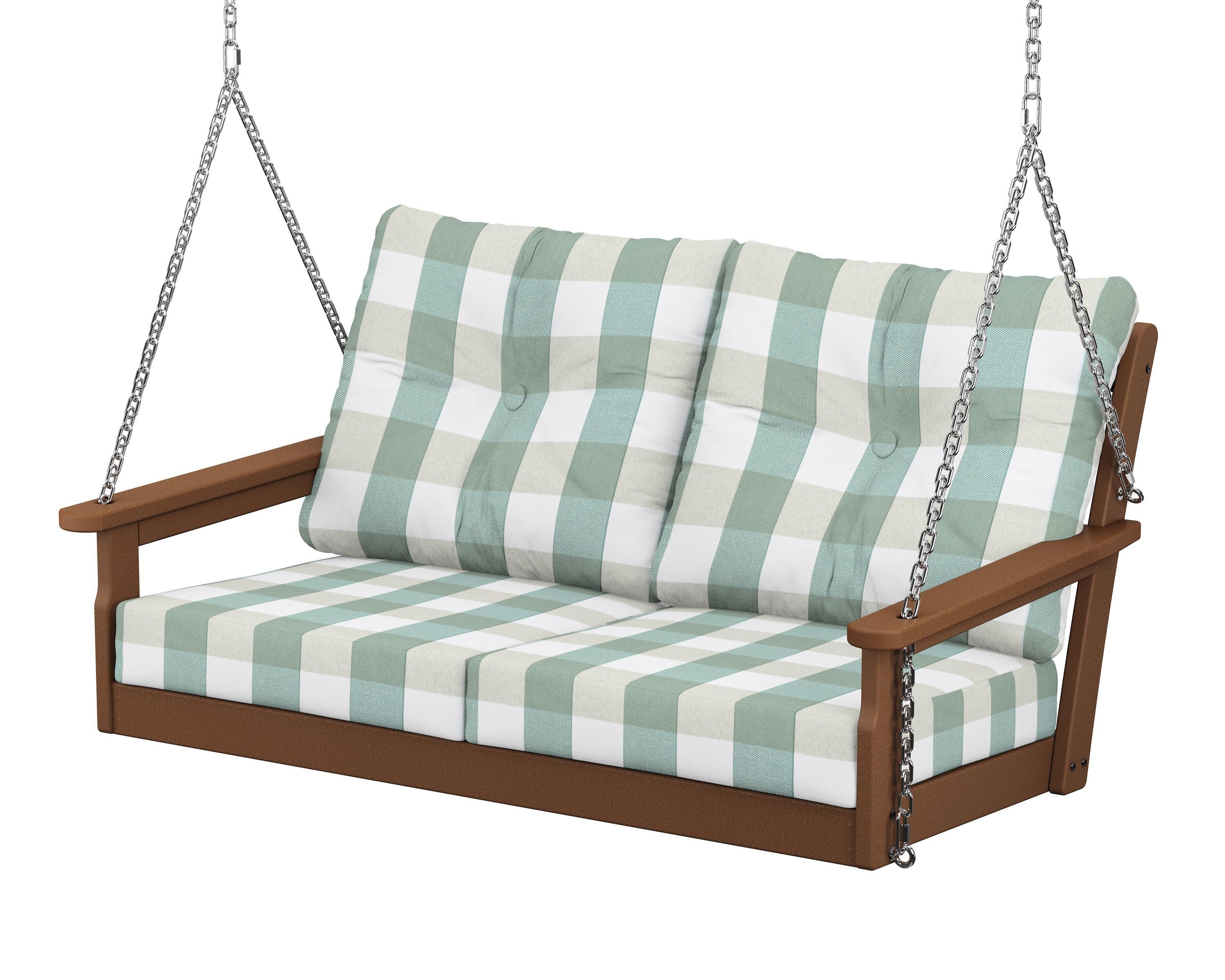 Vineyard Deep Seating Swing in Teak / Buffalo Plaid Glacier Spa
