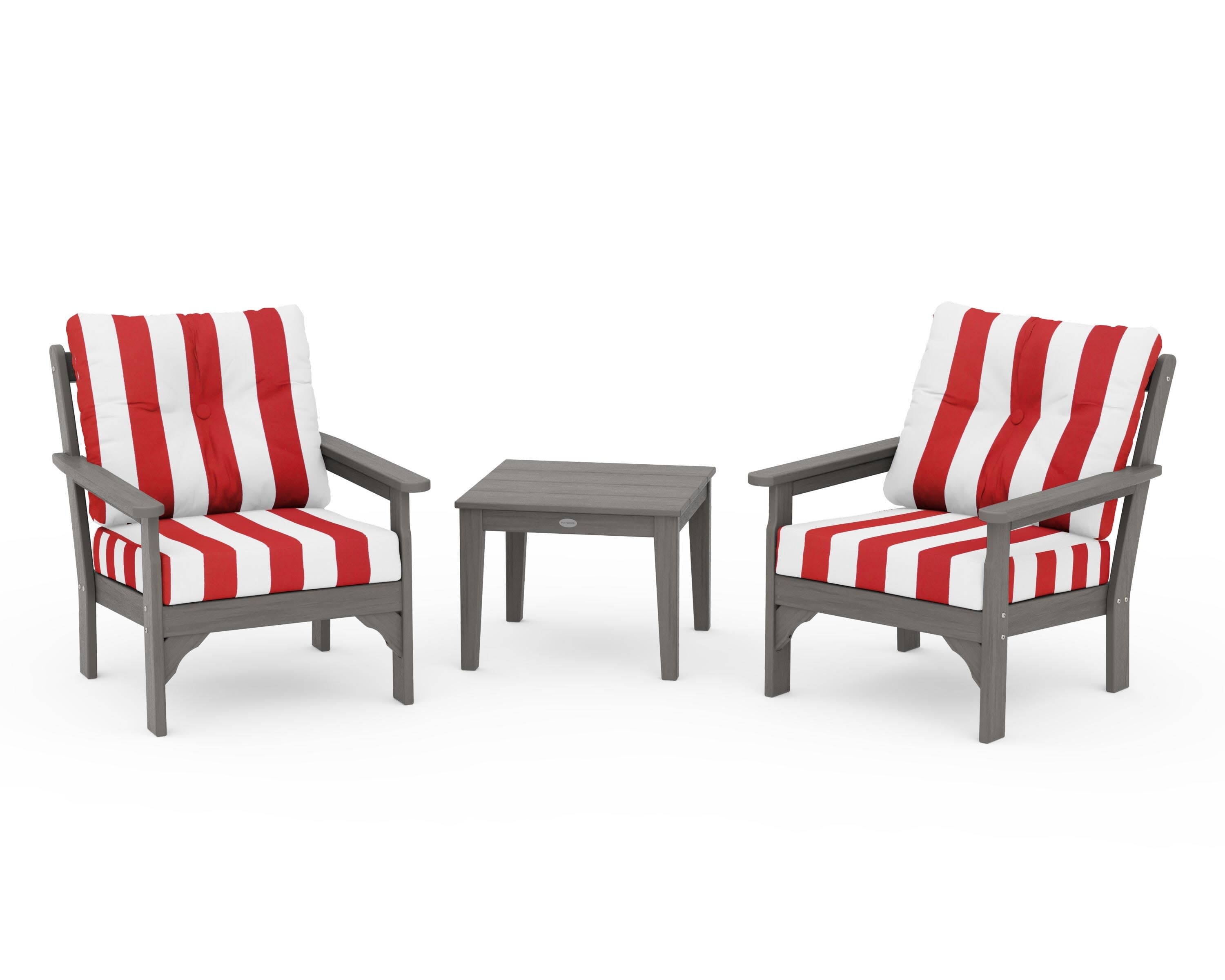 Vineyard 3-Piece Deep Seating Set in Driftwood / Cabana Stripe Crimson