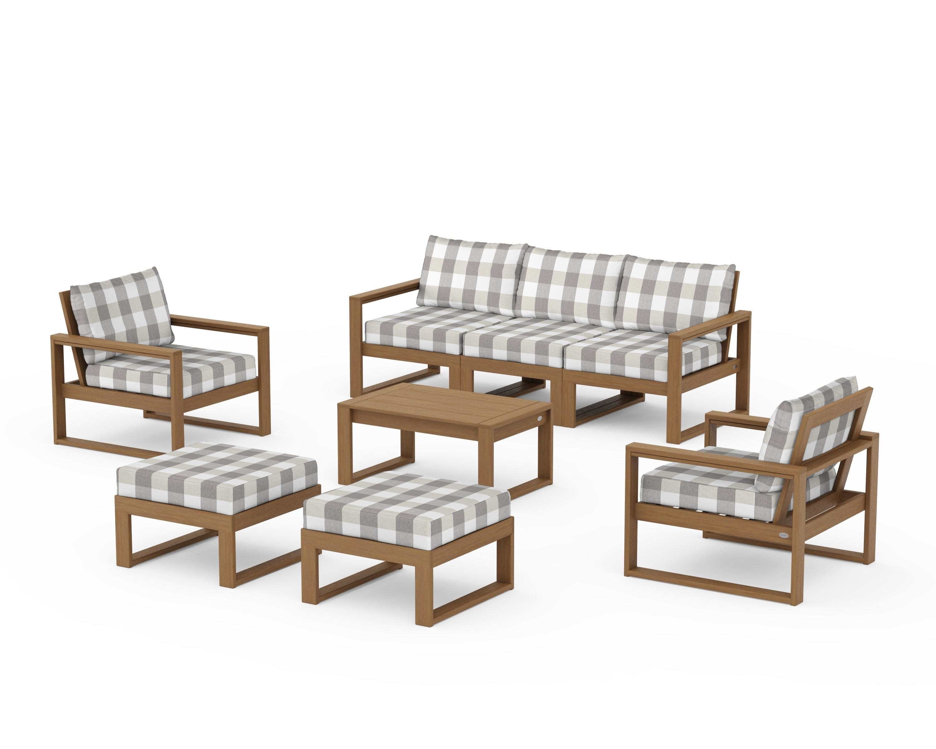 EDGE Sectional 8-Piece Lounge Sofa Set in Natural / Buffalo Plaid Grey Mist