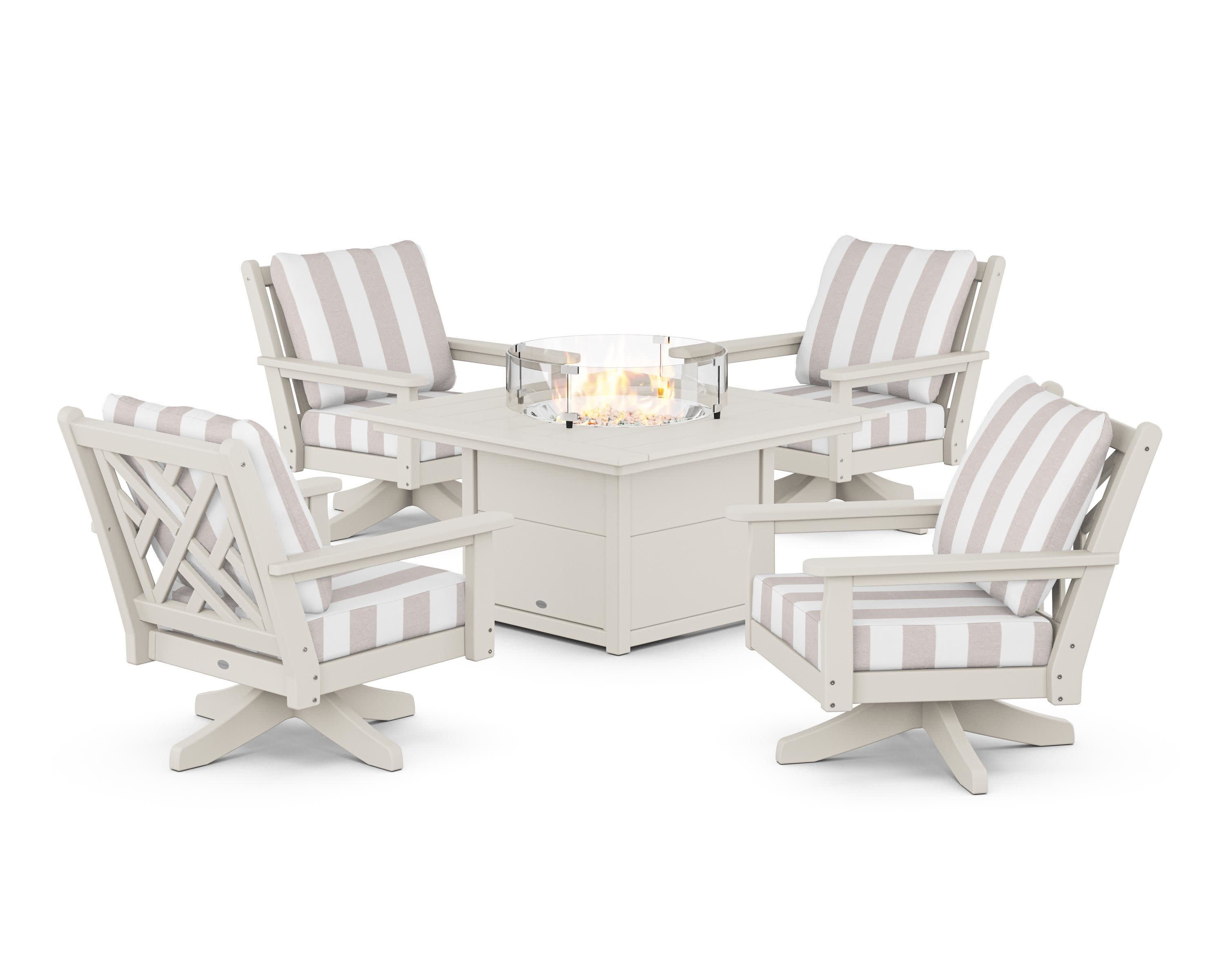 Chippendale 5-Piece Deep Seating Swivel Conversation Set with Fire Pit Table in Sand / Cabana Stripe Dune Burlap