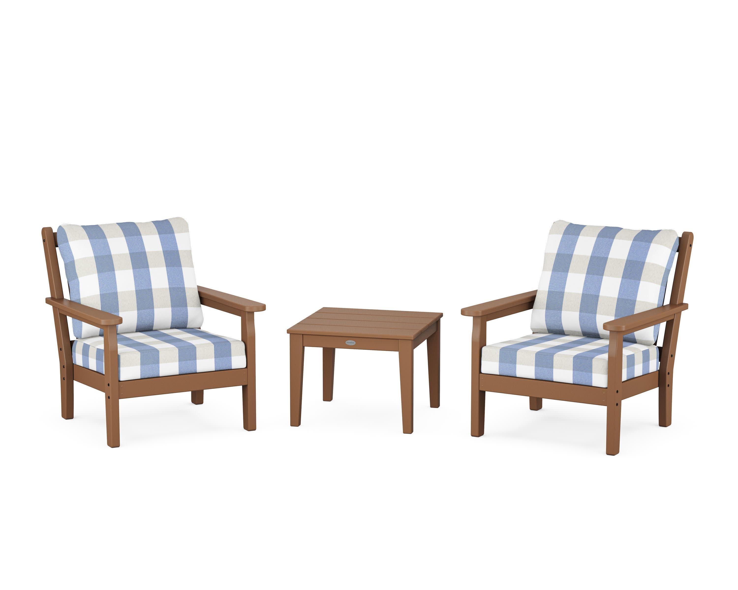 Chippendale 3-Piece Deep Seating Set in Teak / Buffalo Plaid Sky Blue