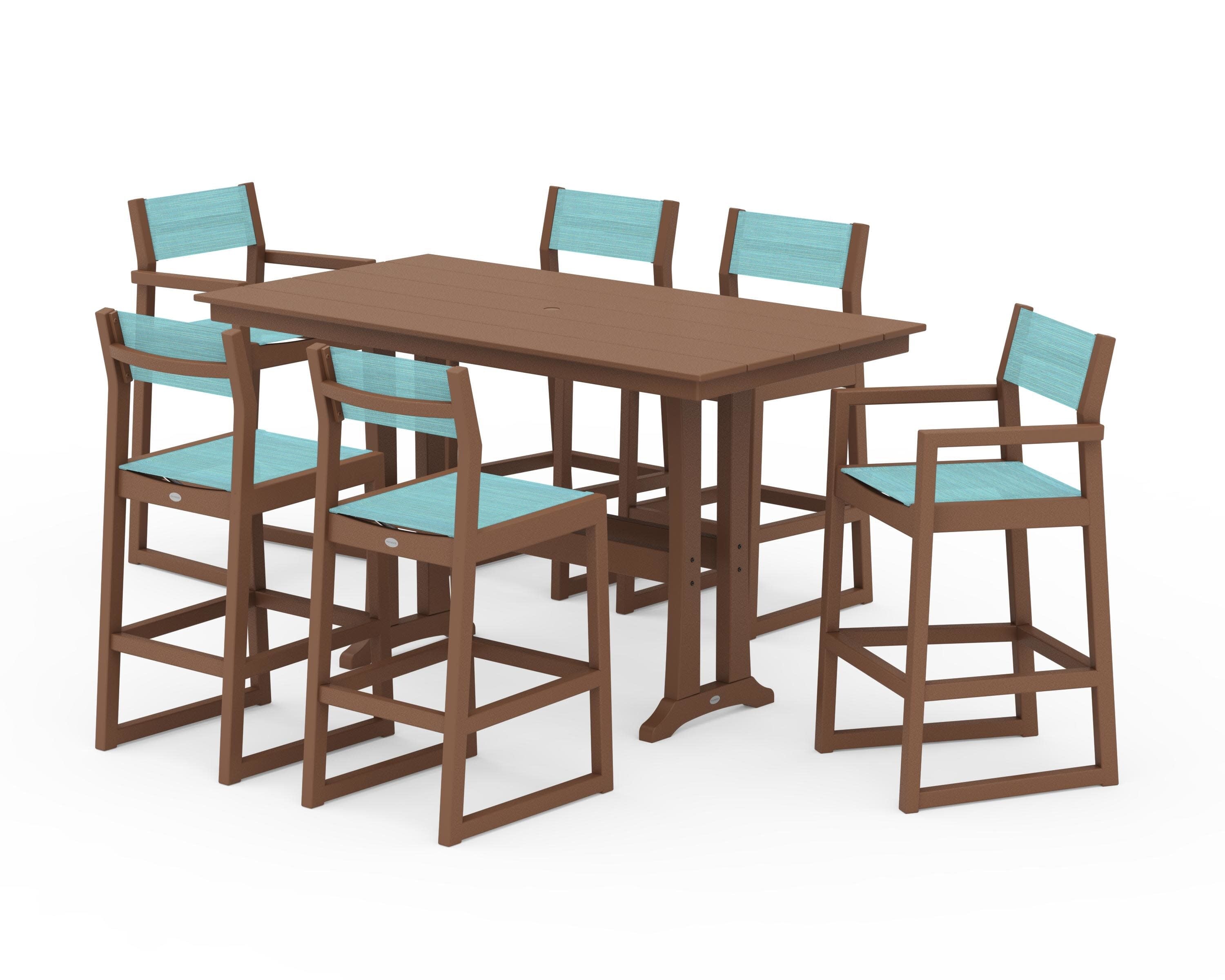 EDGE Sling 7-Piece Farmhouse Bar Set with Trestle Legs in Teak / Dupioni Aquamarine Sling