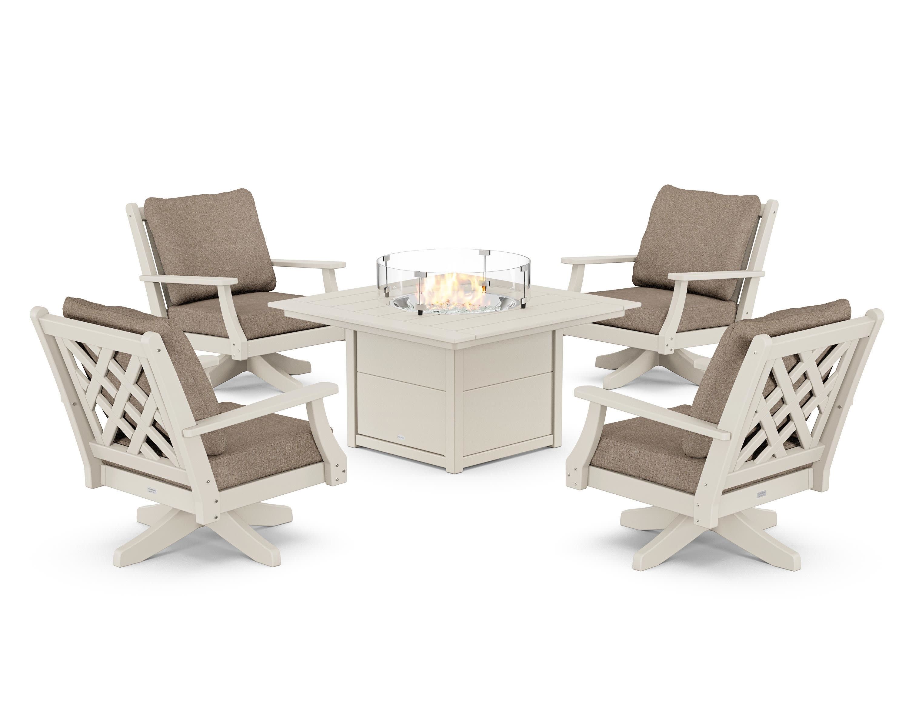 Wovendale 5-Piece Deep Seating Swivel Conversation Set with Fire Pit Table in Sand / Spiced Burlap