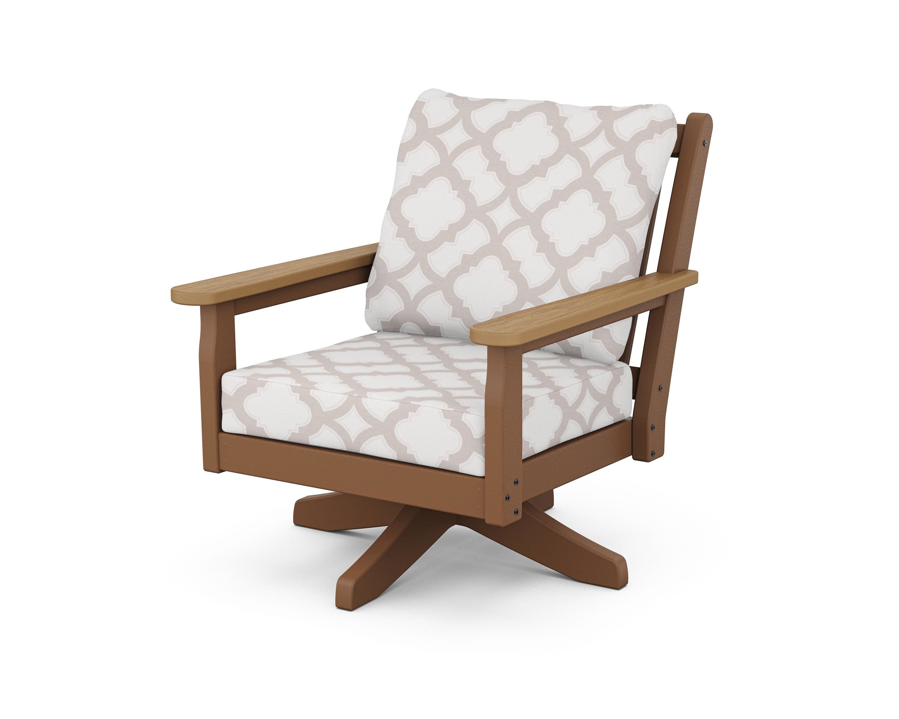 Chippendale Deep Seating Swivel Chair in Teak / Natural / Trellis Dune Burlap