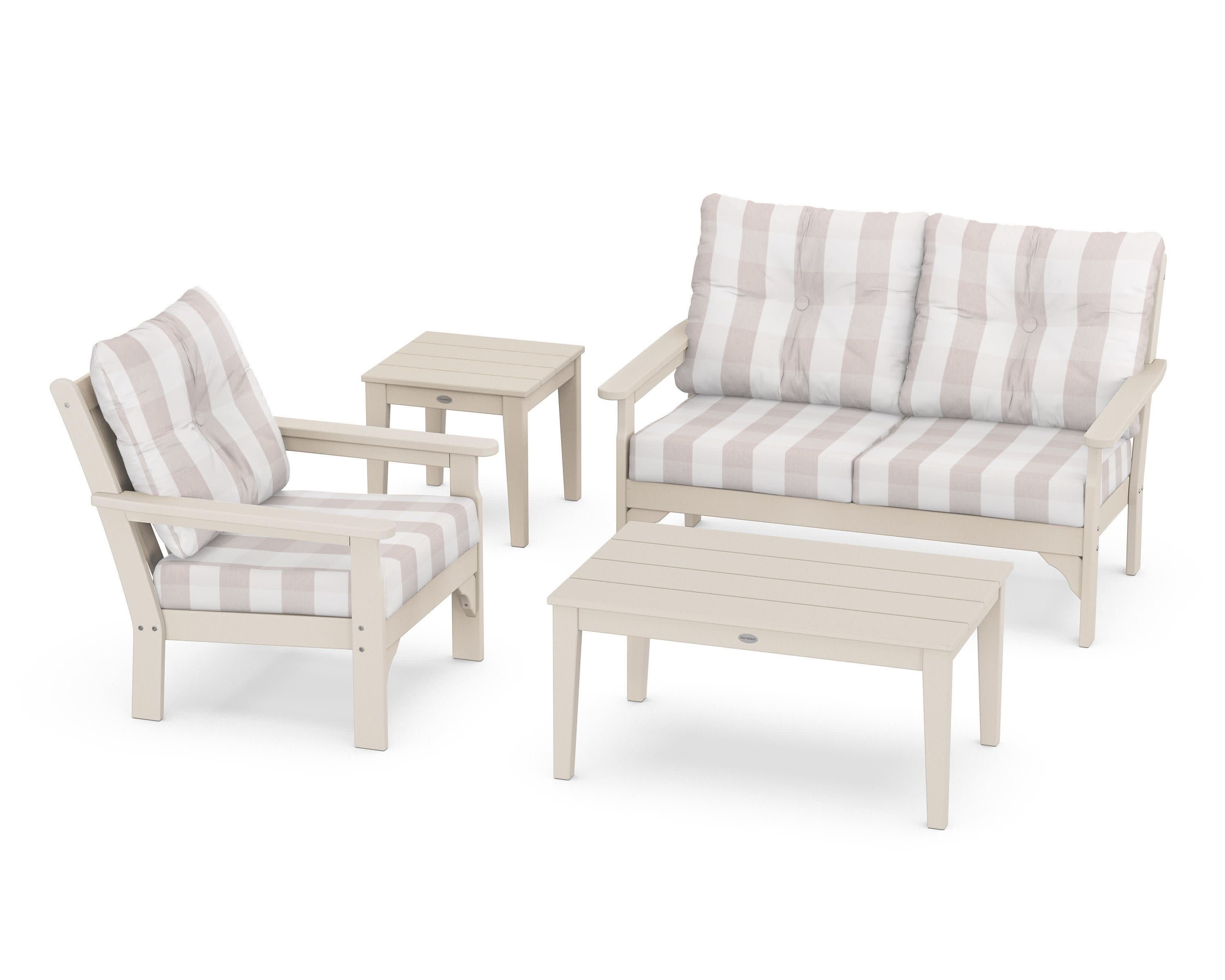 Vineyard 4-Piece Deep Seating Set in Sand / Buffalo Plaid Dune Burlap