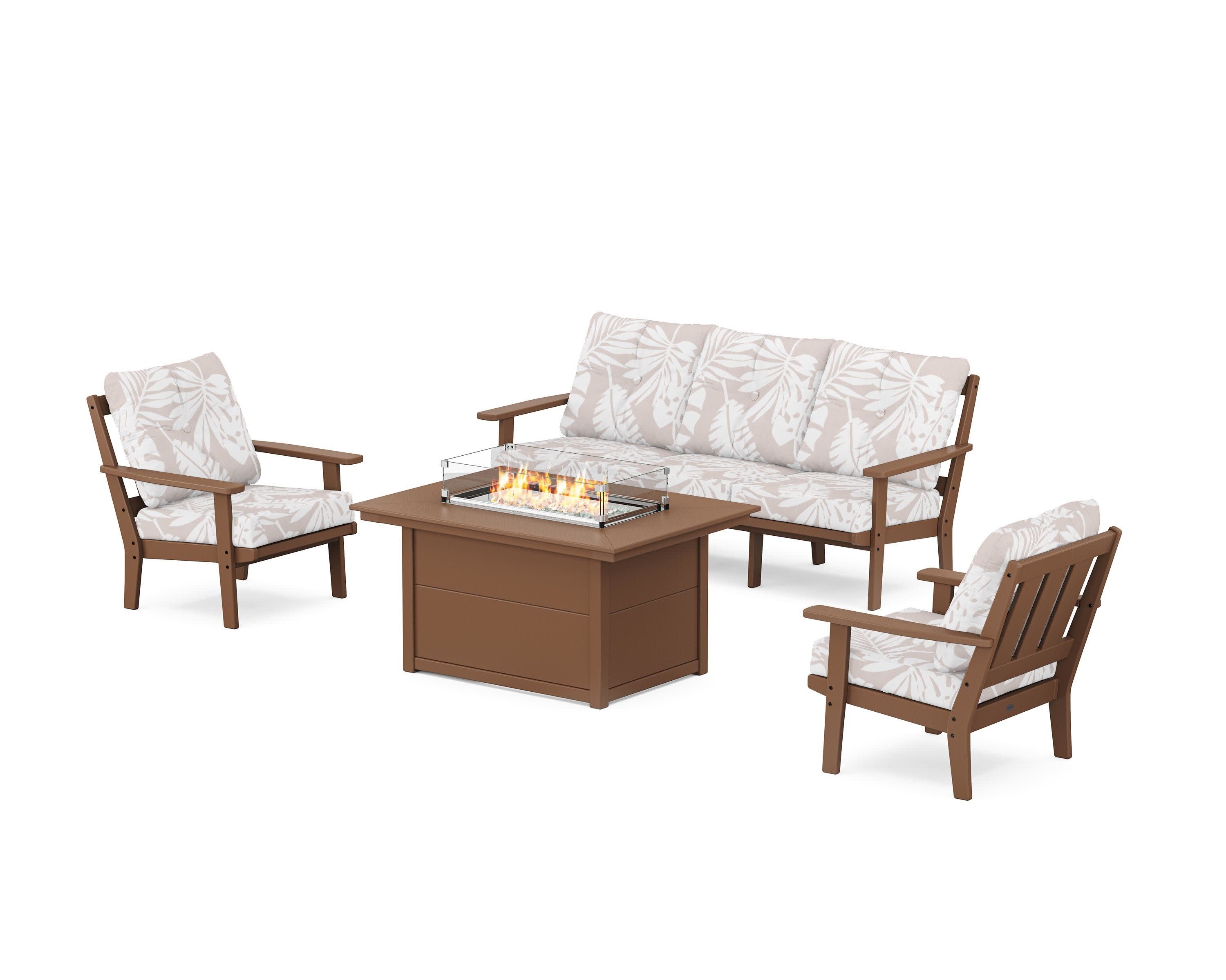 Oxford Deep Seating Fire Pit Table Set in Teak / Leaf Dune Burlap