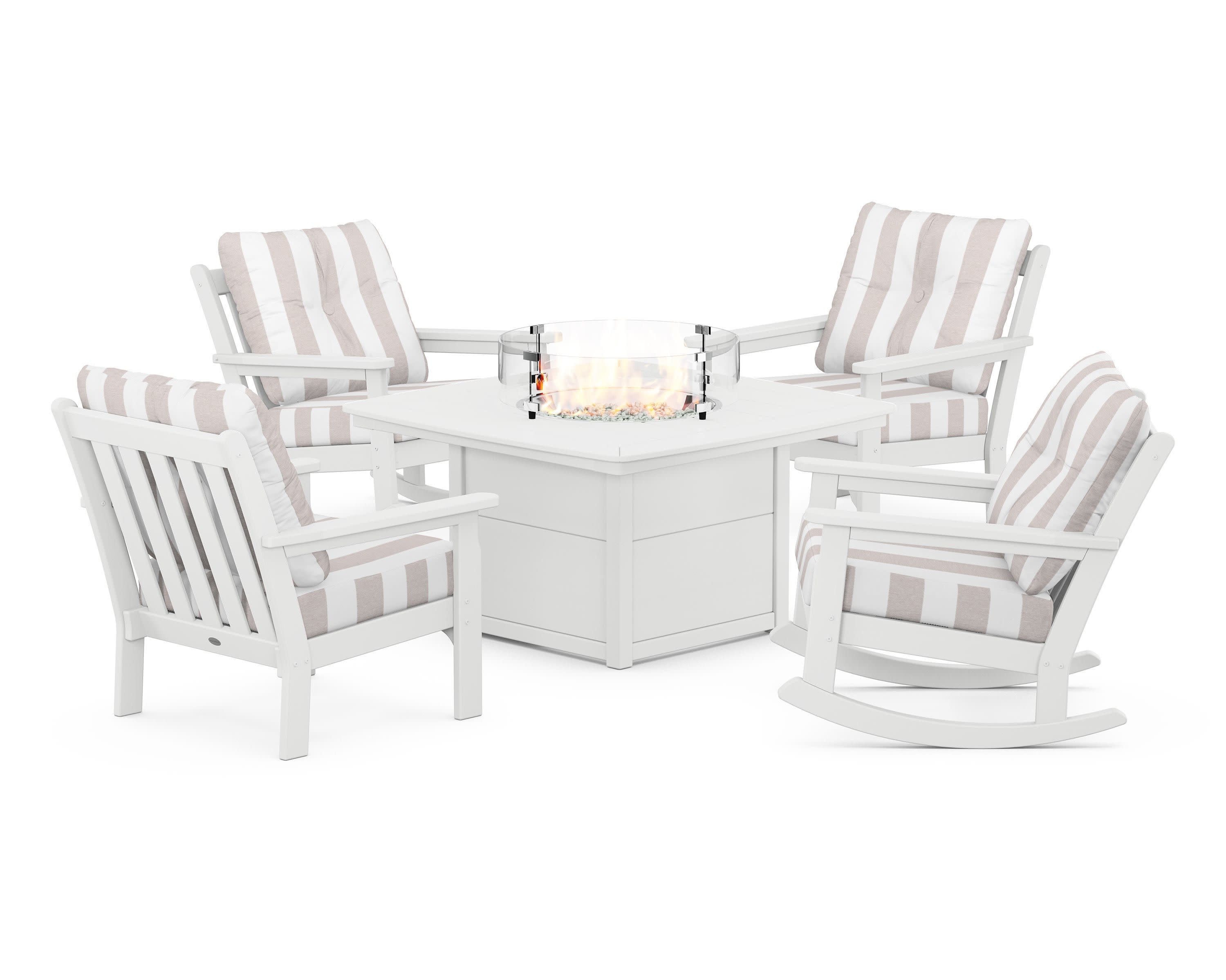 Vineyard 5-Piece Deep Seating Rocking Chair Conversation Set with Fire Pit Table in White / Cabana Stripe Dune Burlap