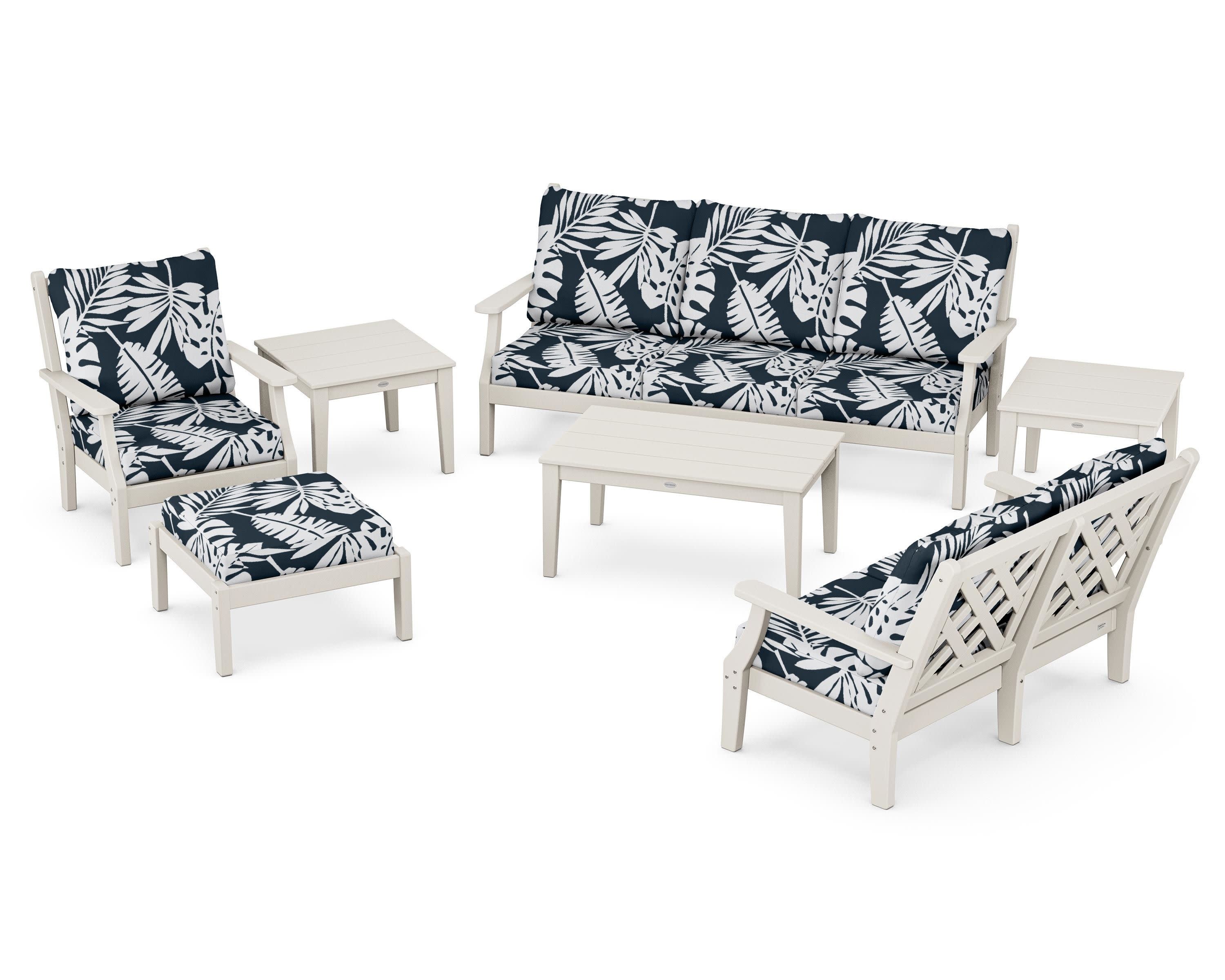 Wovendale 7-Piece Deep Seating Set in Sand / Leaf Marine Indigo