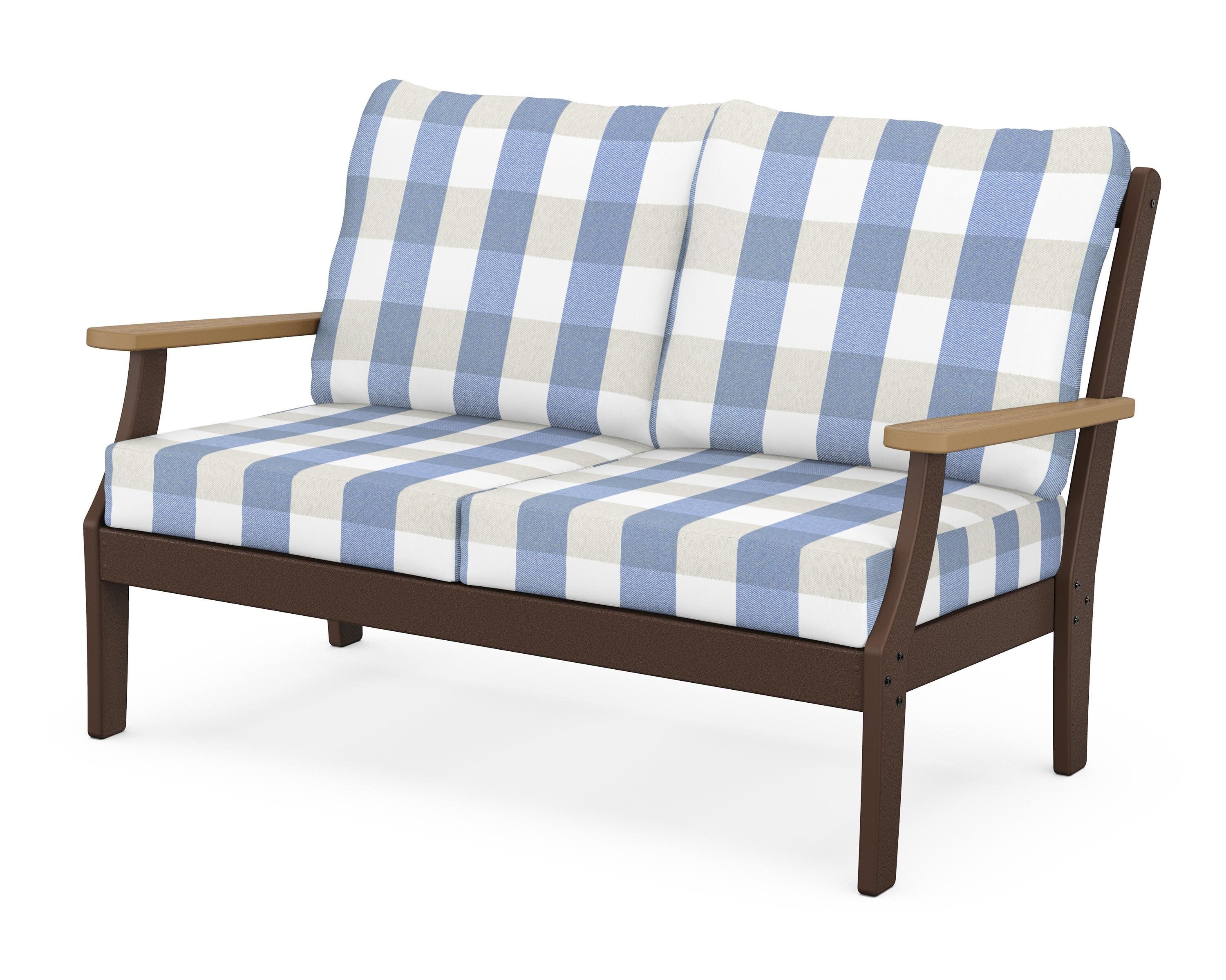 Braxton Deep Seating Loveseat in Mahogany / Natural / Buffalo Plaid Sky Blue