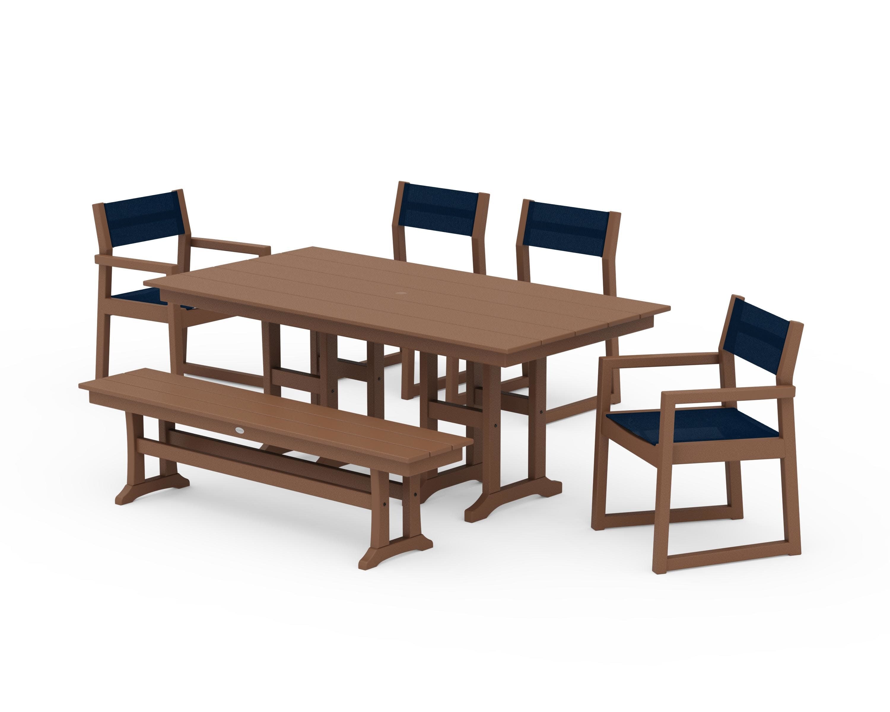 EDGE Sling 6-Piece Farmhouse Dining Set in Teak / Navy Blue Sling