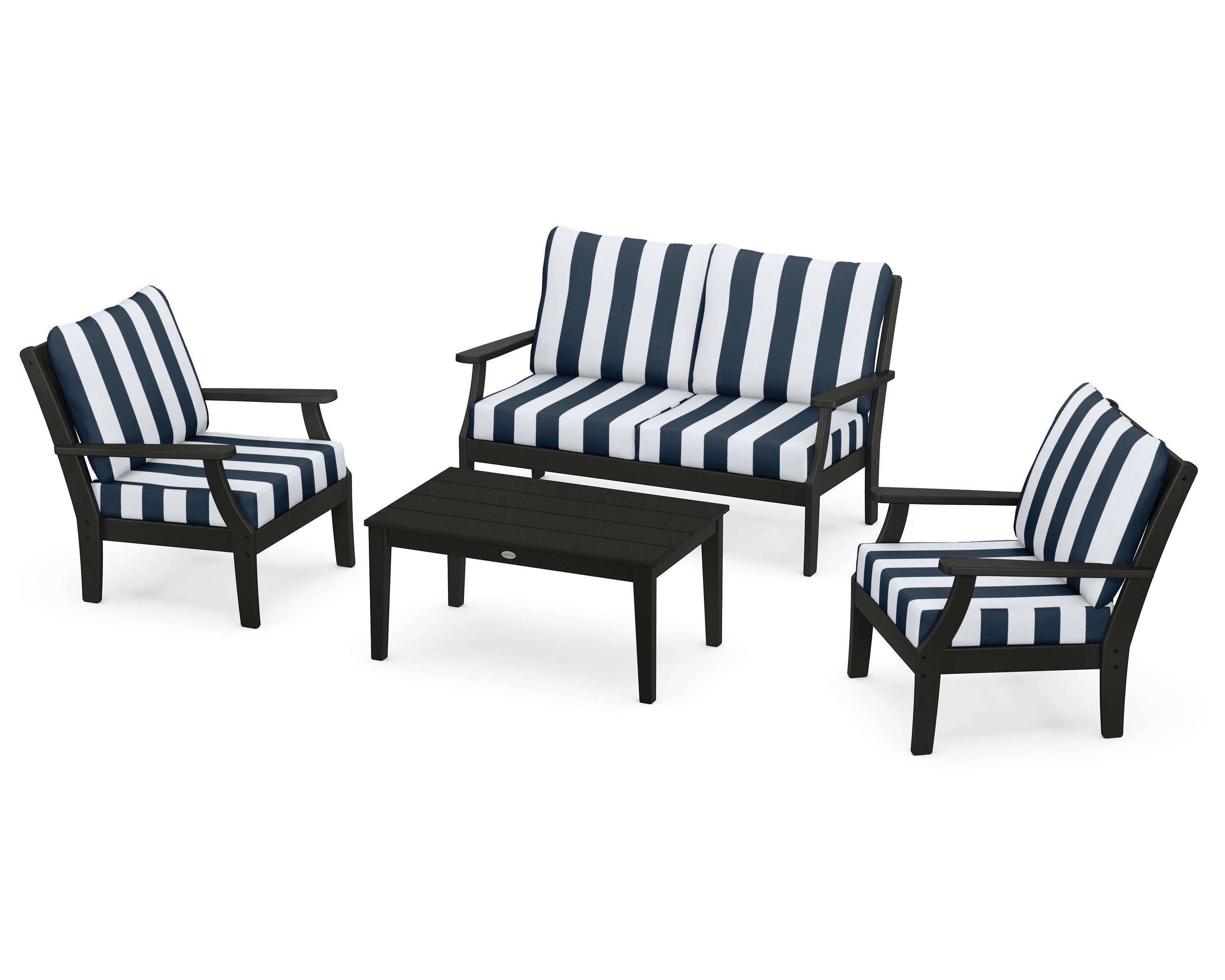 Braxton 4-Piece Deep Seating Chair Set in Black / Cabana Stripe Marine Indigo