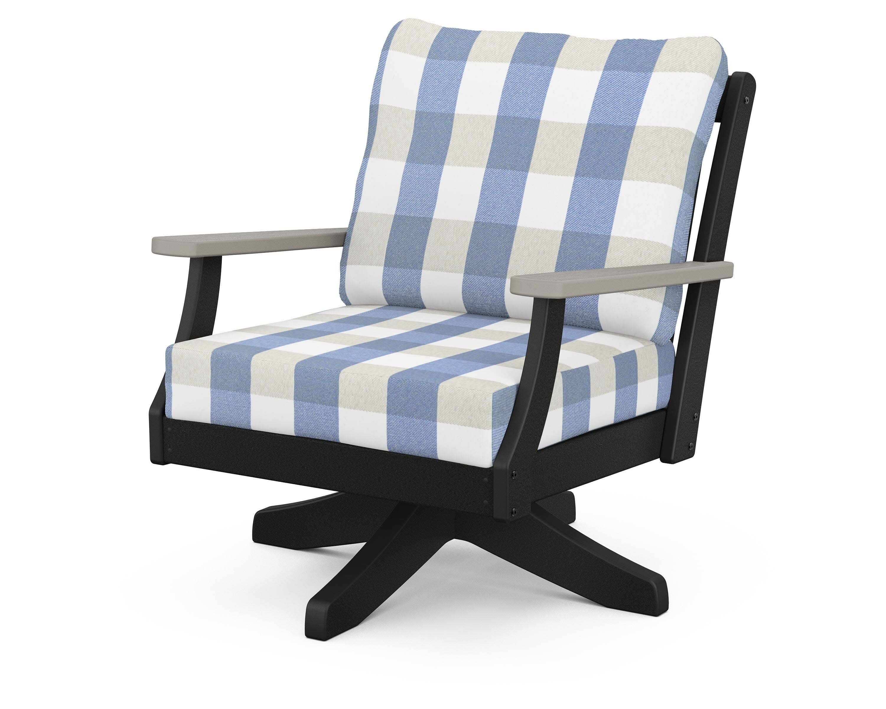 Braxton Deep Seating Swivel Chair in Black / Driftwood / Buffalo Plaid Sky Blue