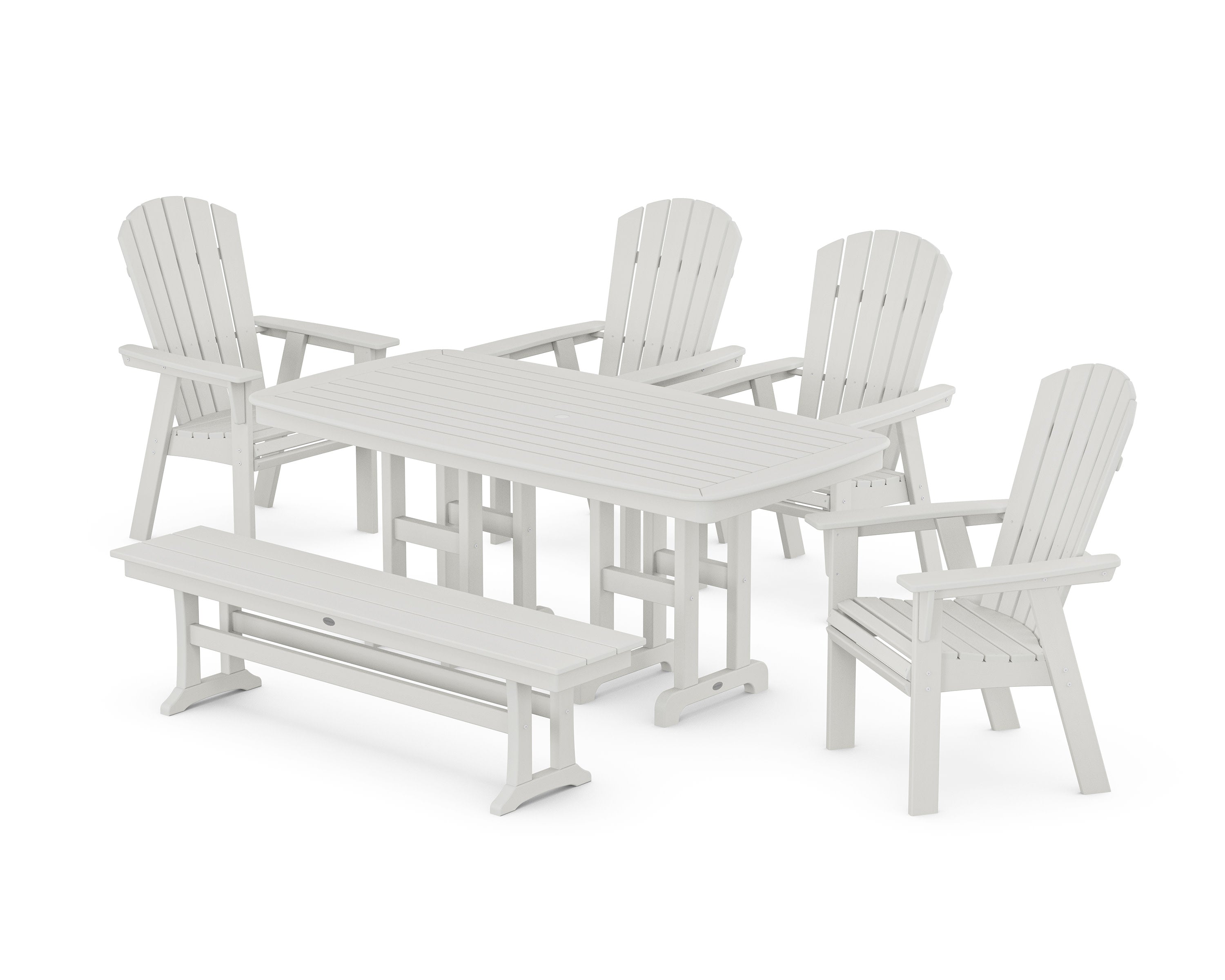 Nautical Curveback Adirondack 6-Piece Dining Set with Bench in Vintage White