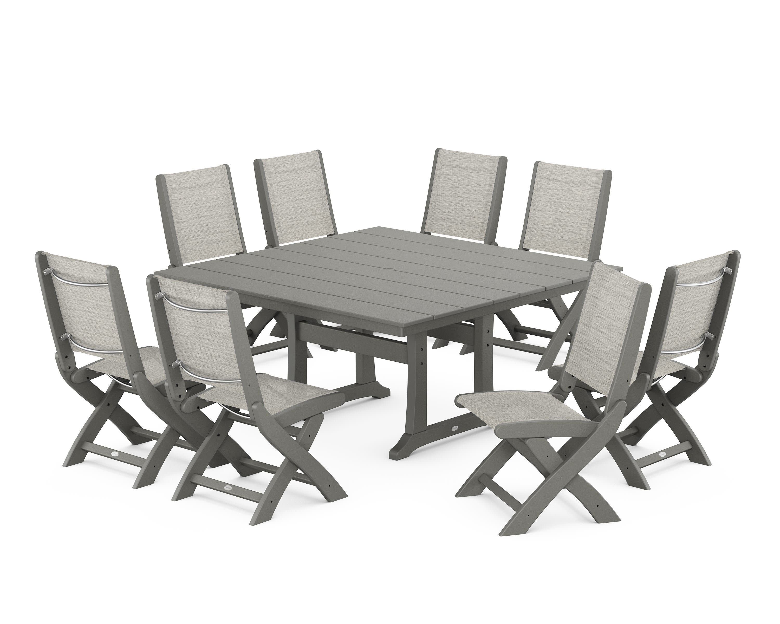 Coastal Folding Side Chair 9-Piece Farmhouse Dining Set in Slate Grey / Birch Sling
