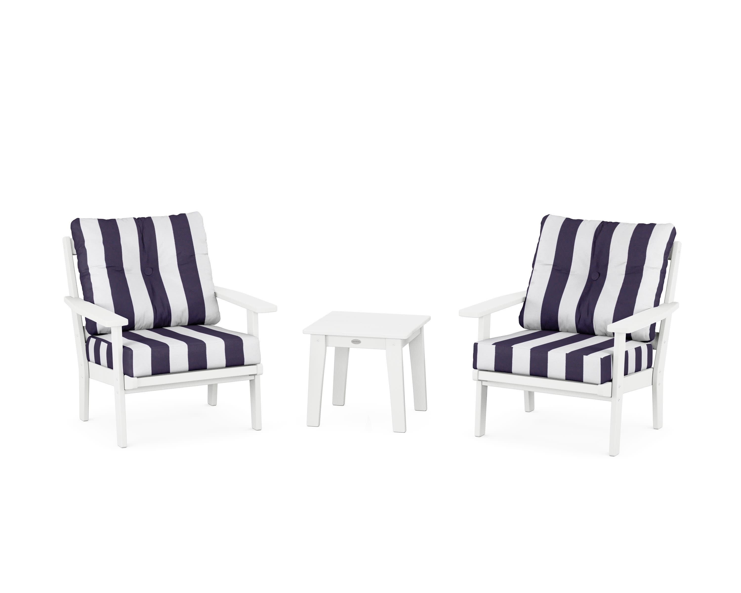Oxford 3-Piece Deep Seating Set in White / Cabana Stripe Navy
