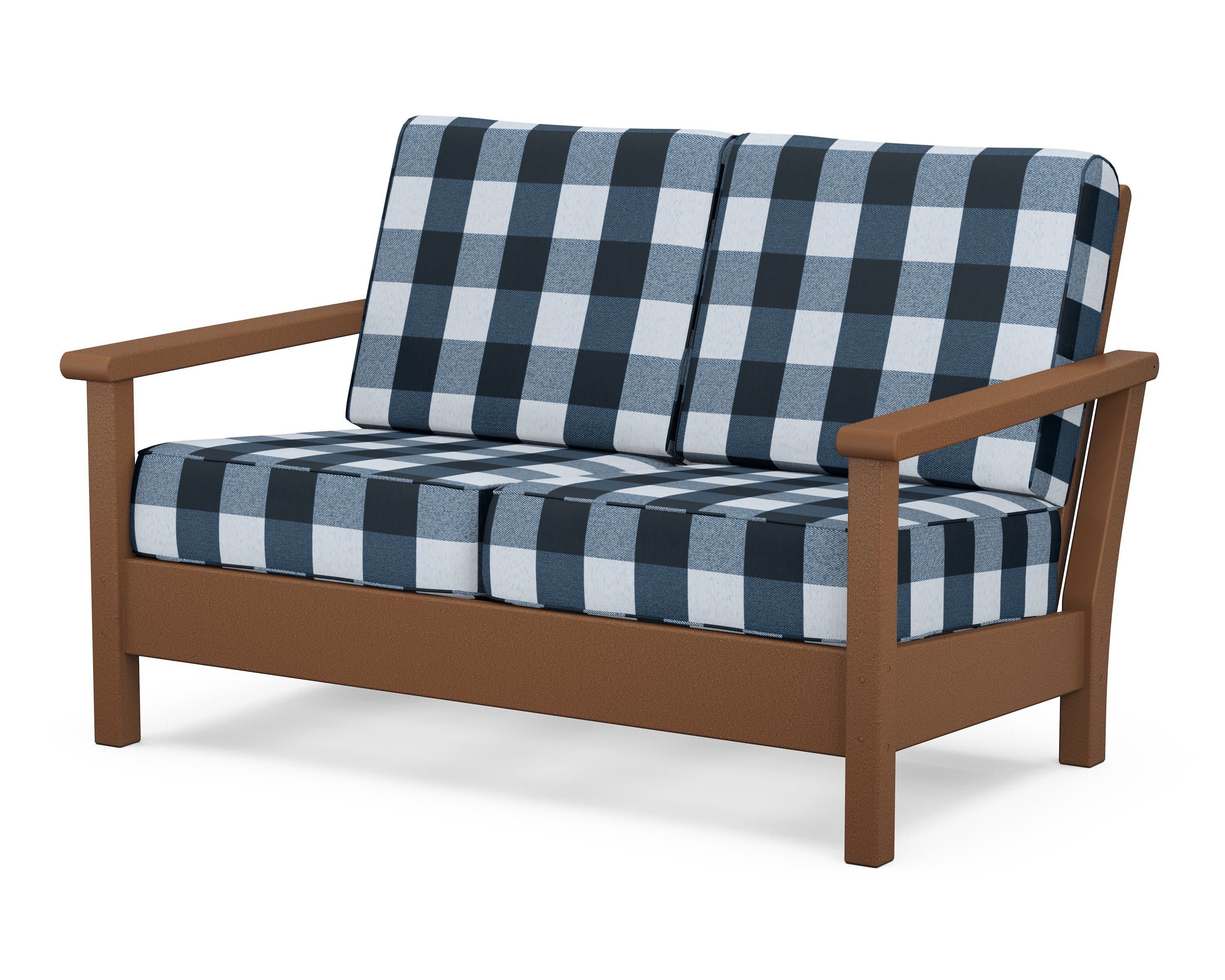 Harbour Deep Seating Loveseat in Teak / Buffalo Plaid Marine Indigo