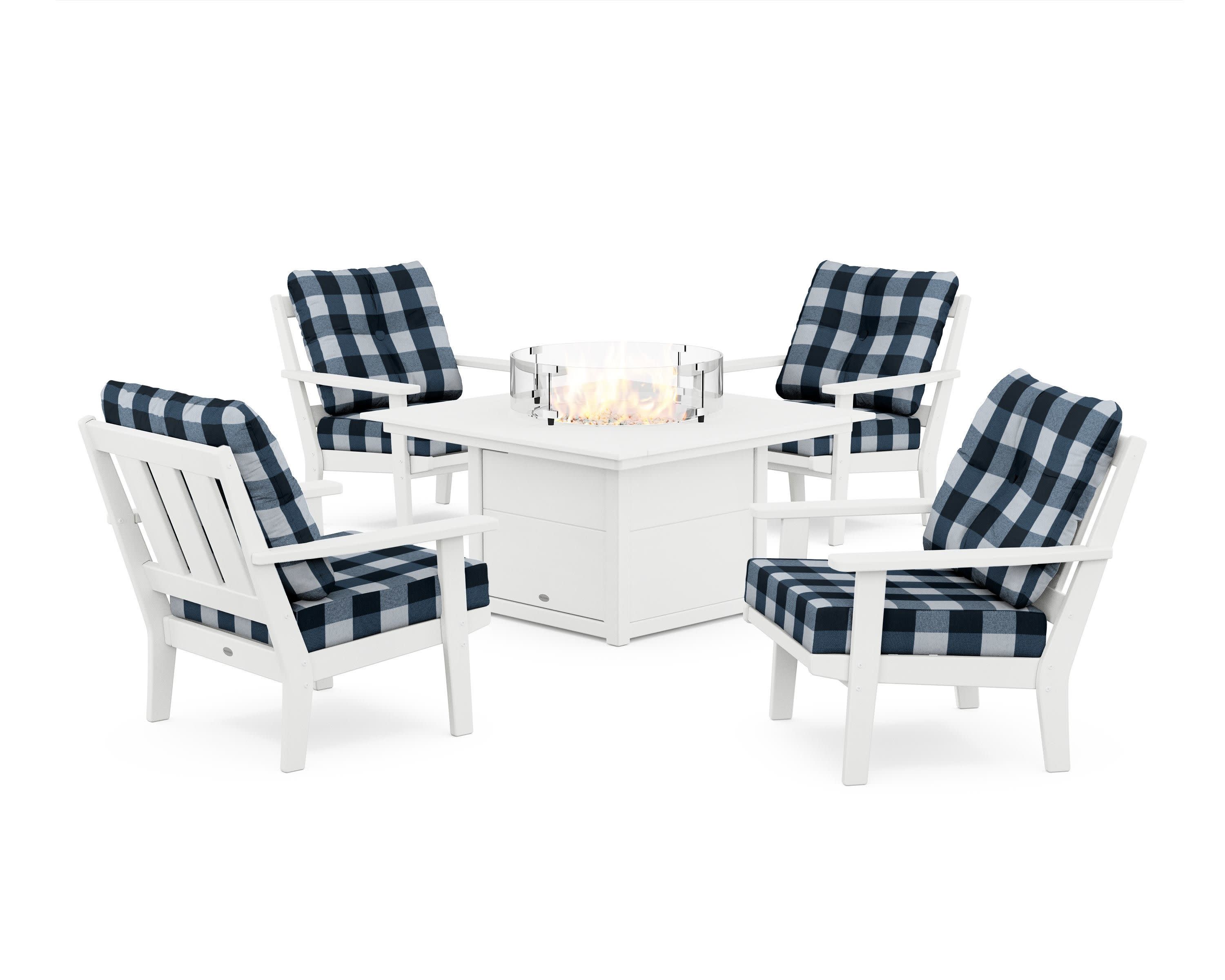 Oxford 5-Piece Deep Seating Set with Fire Pit Table in White / Buffalo Plaid Marine Indigo