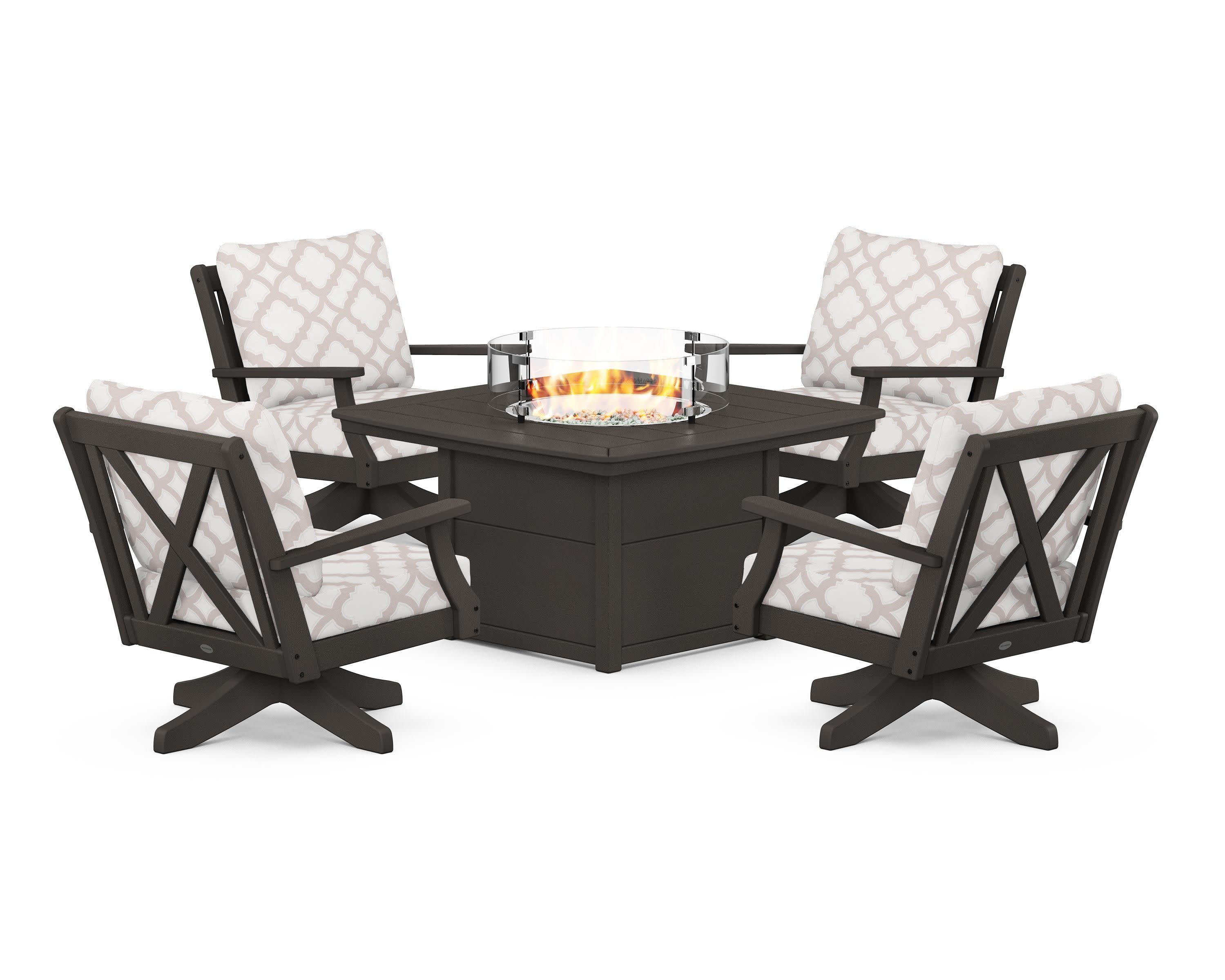 Braxton 5-Piece Deep Seating Swivel Conversation Set with Fire Pit Table in Vintage Coffee / Trellis Dune Burlap