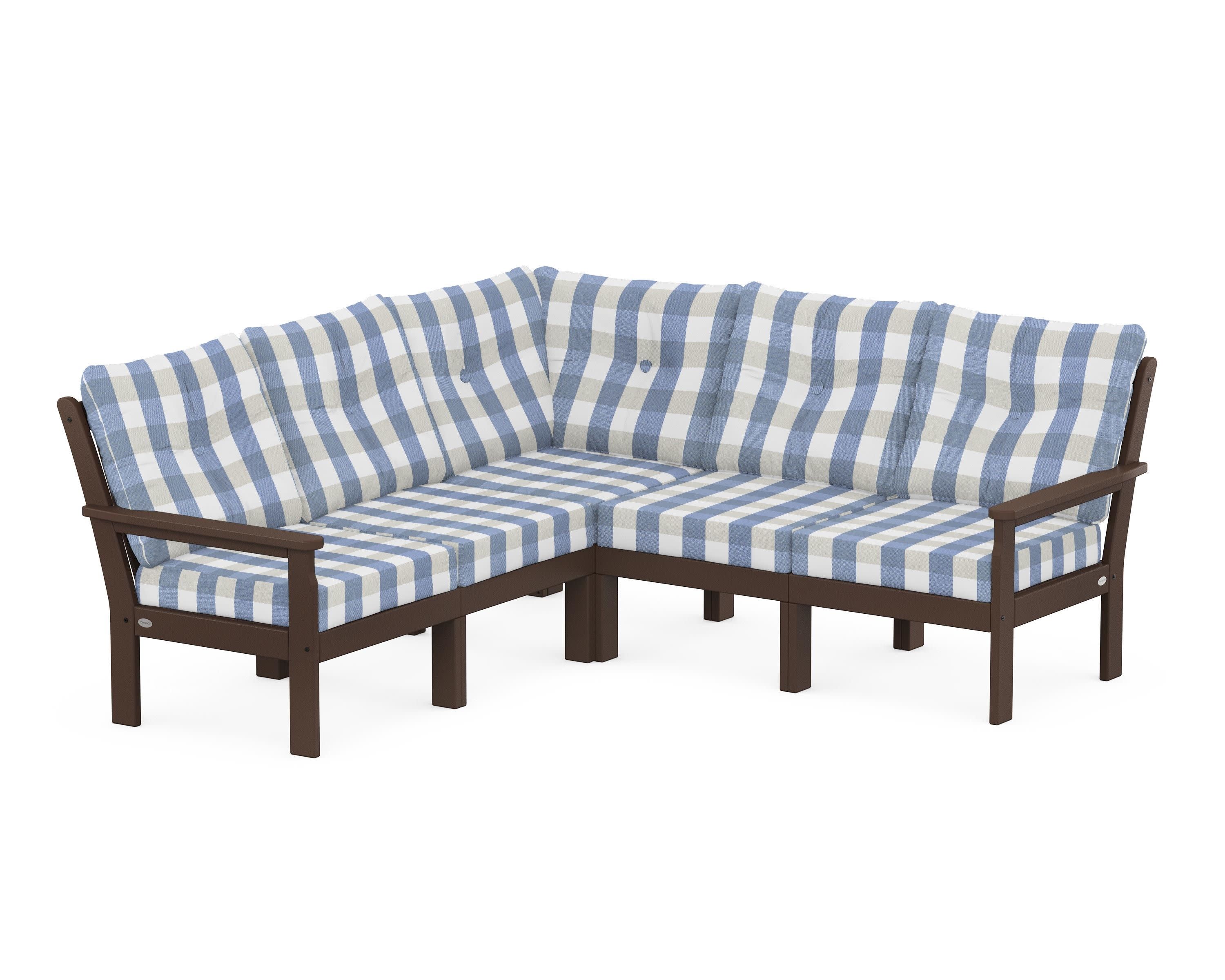 Vineyard 5-Piece Sectional in Mahogany / Buffalo Plaid Sky Blue