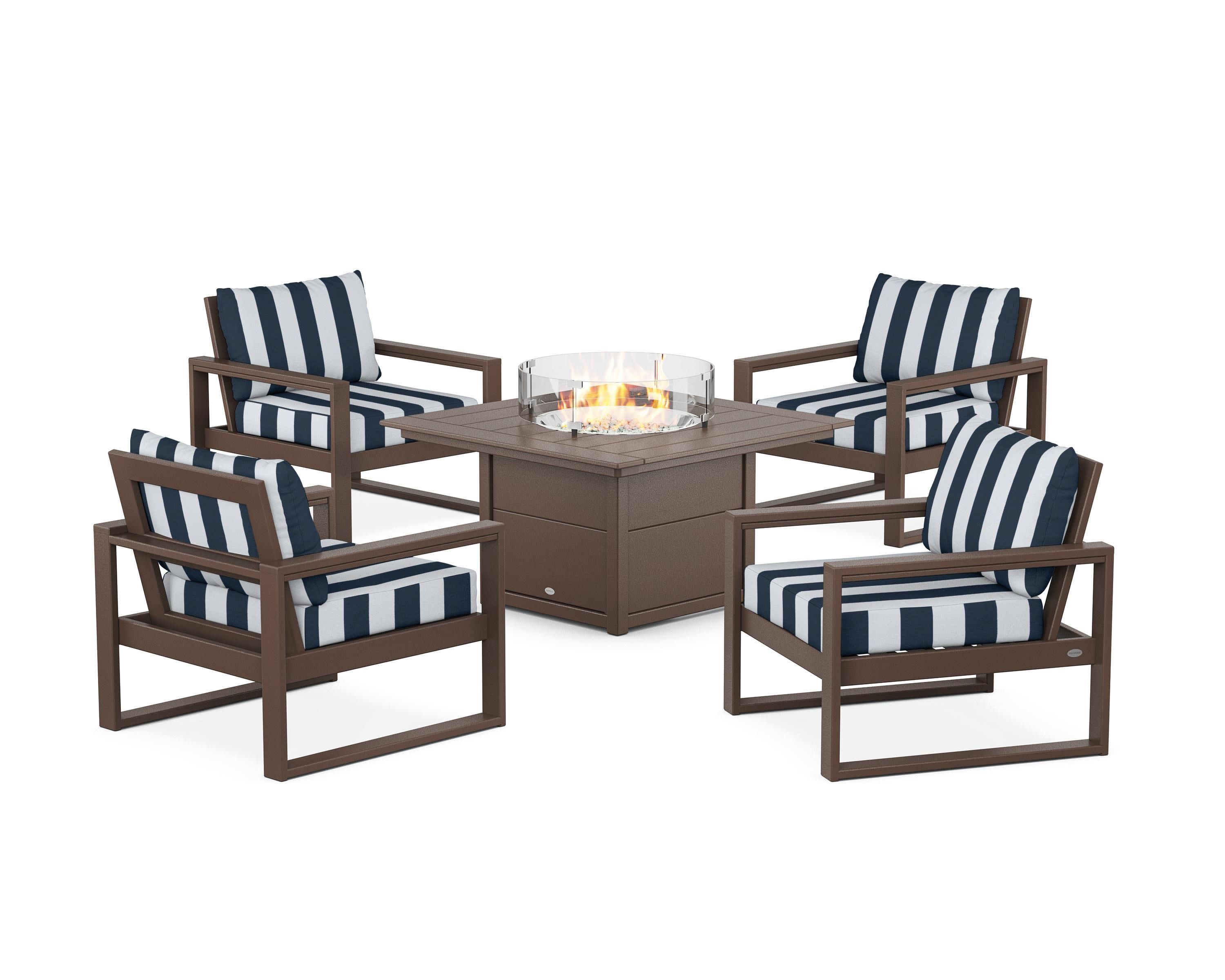 EDGE Sectional 5-Piece Deep Seating Set with Fire Pit Table in Mahogany / Cabana Stripe Marine Indigo