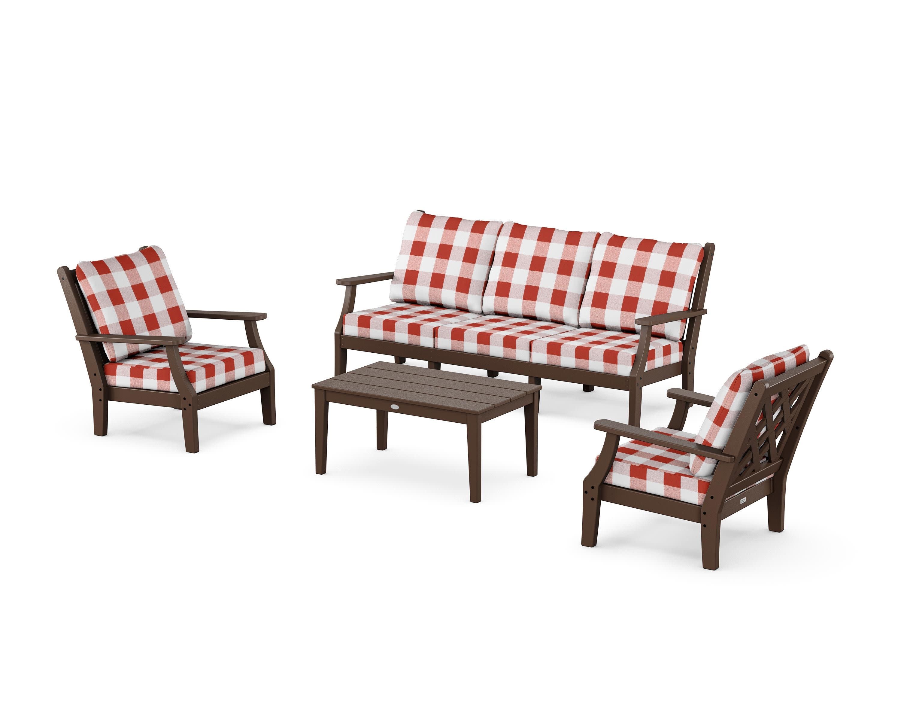 Wovendale 4-Piece Deep Seating Set with Sofa in Mahogany / Buffalo Plaid Crimson