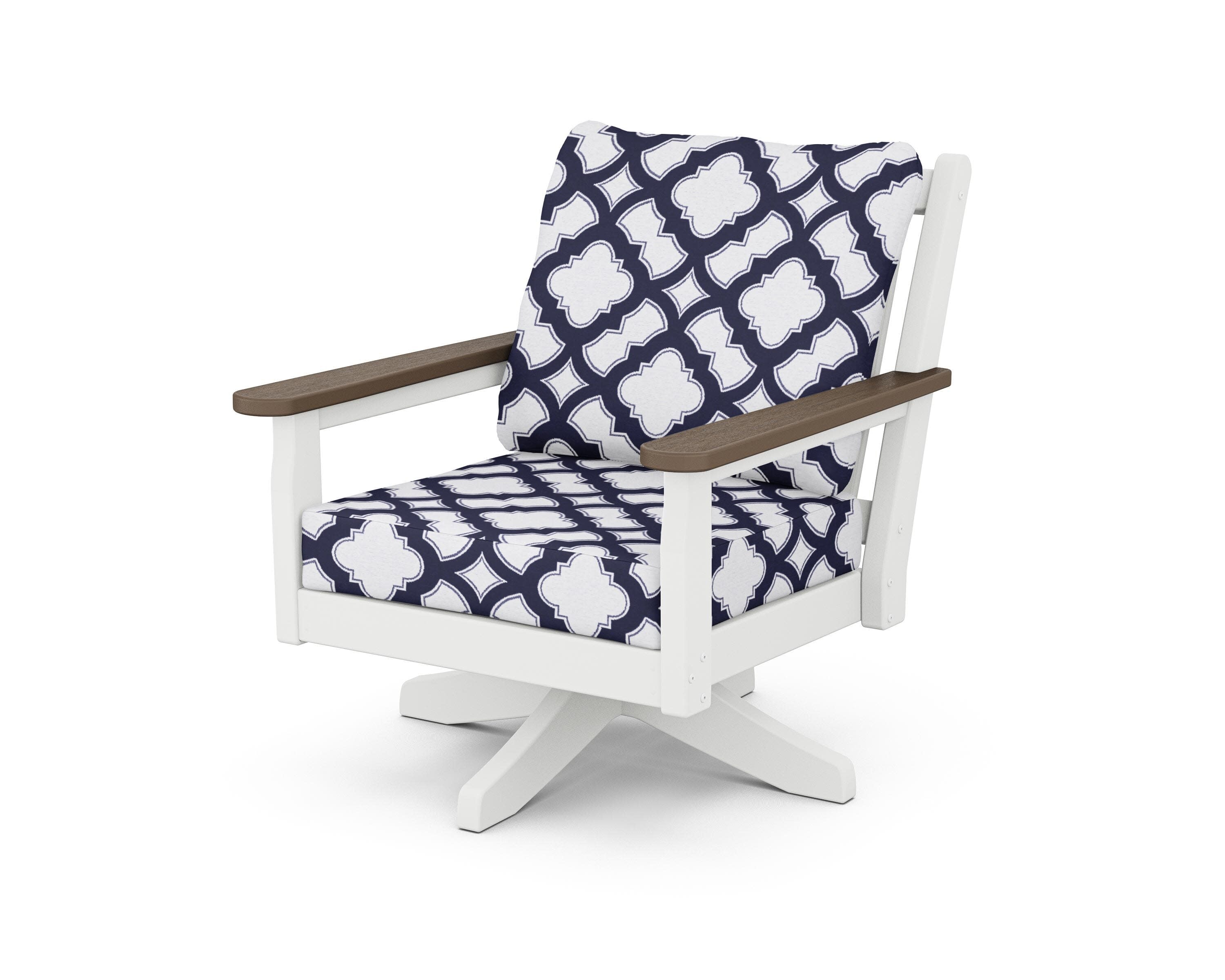 Chippendale Deep Seating Swivel Chair in White / Kona / Trellis Navy