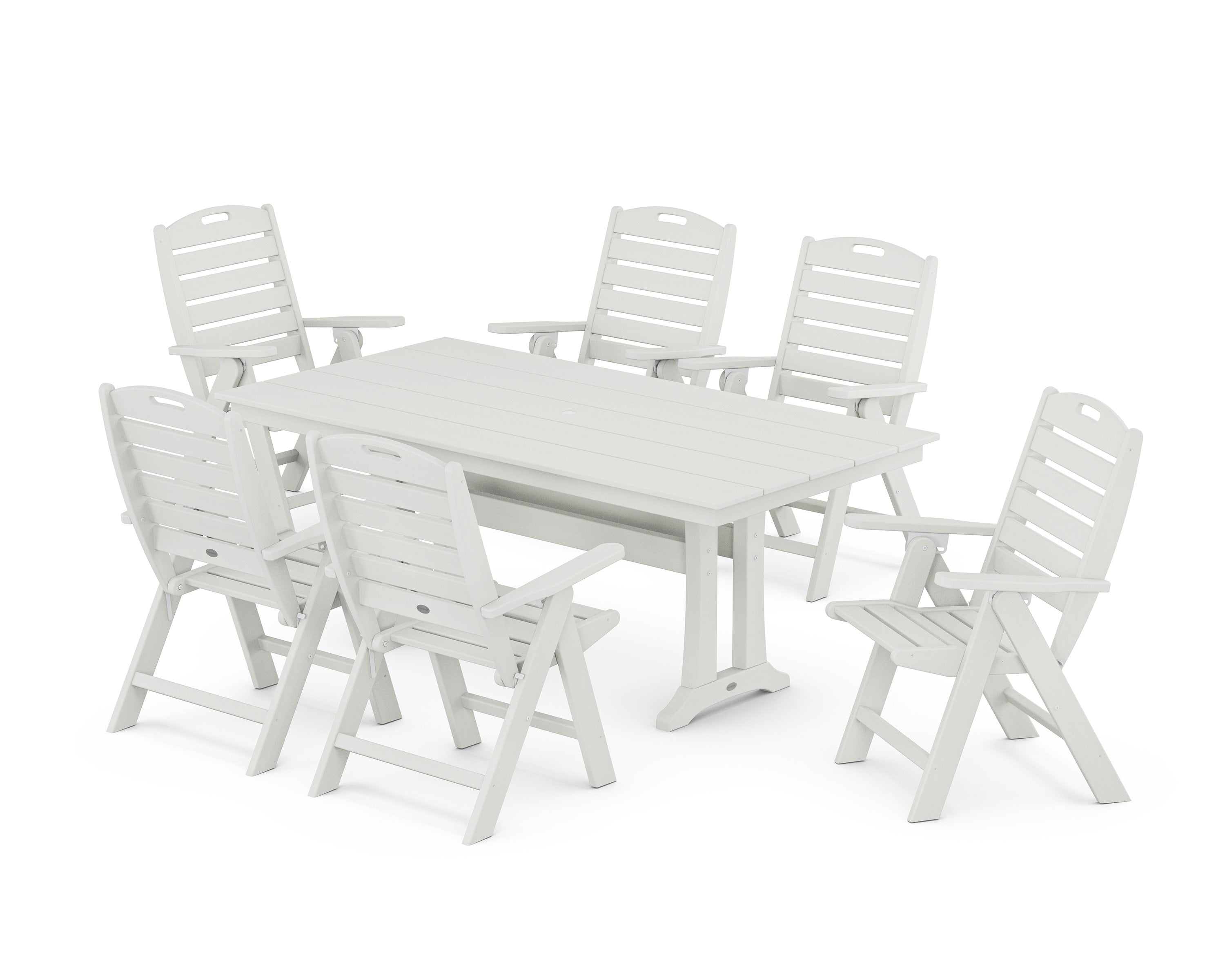 Nautical Highback 7-Piece Farmhouse Dining Set with Trestle Legs in Vintage White