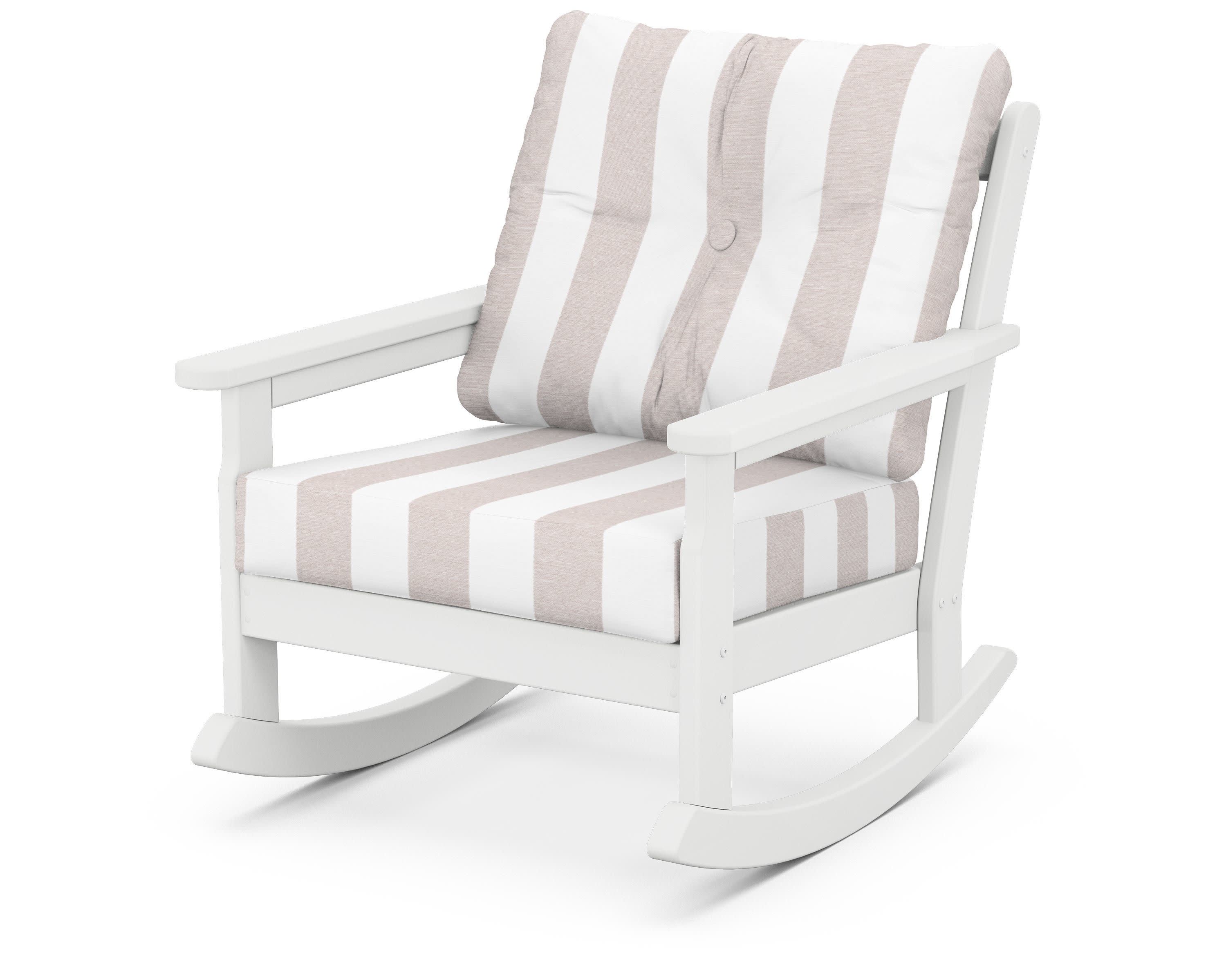 Vineyard Deep Seating Rocking Chair in White / Cabana Stripe Dune Burlap