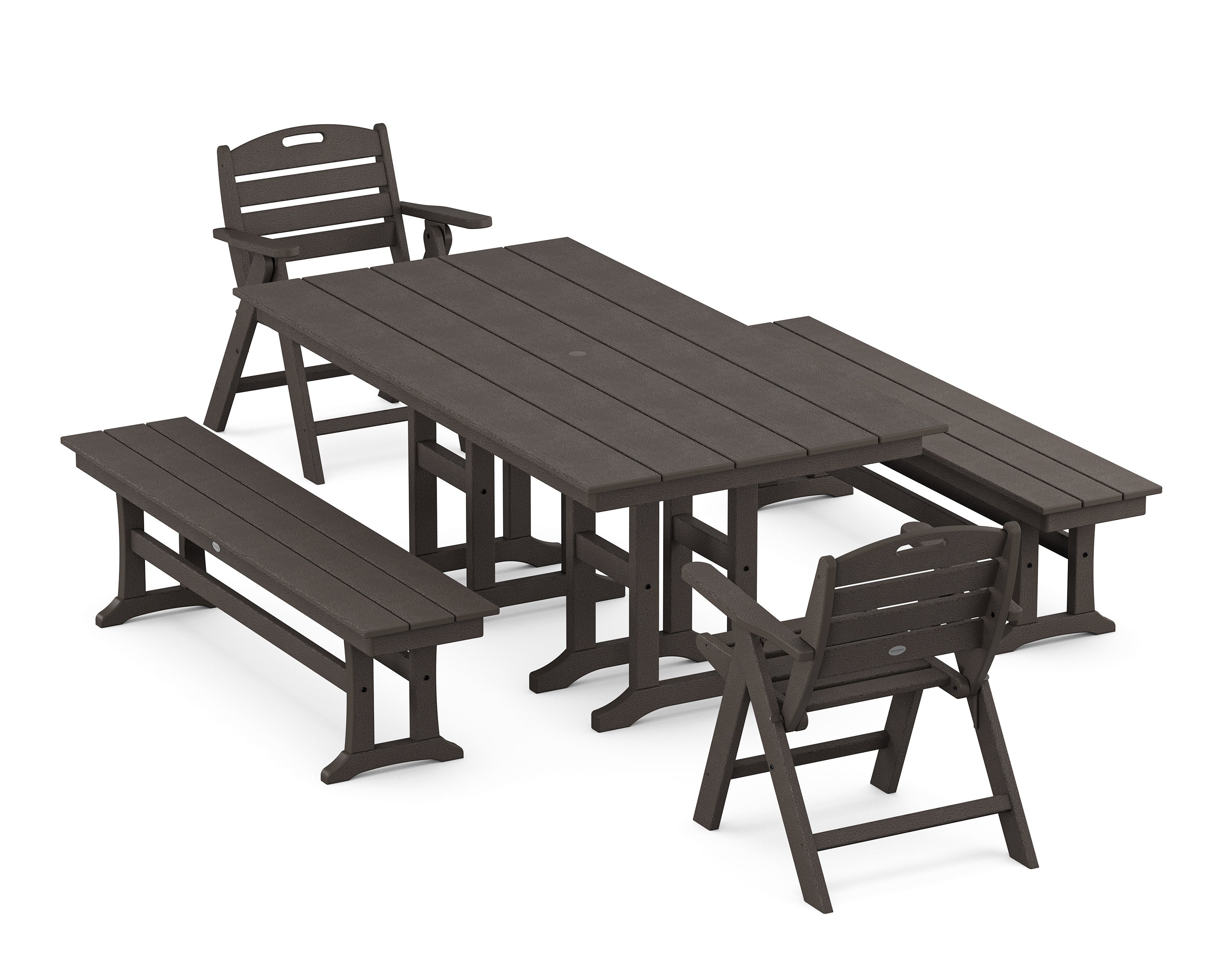 Nautical Lowback 5-Piece Farmhouse Dining Set with Benches in Vintage Coffee