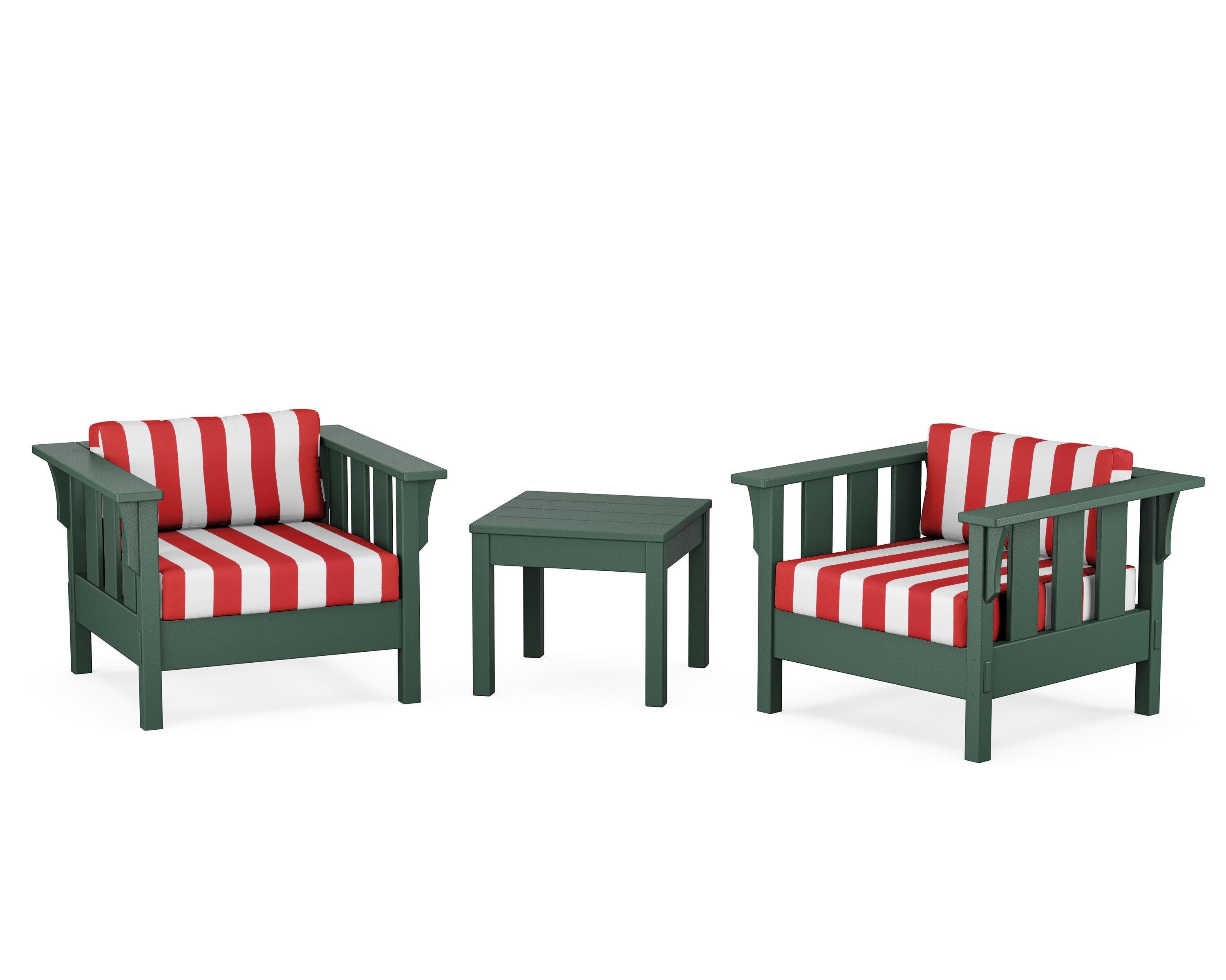 Acadia 3-Piece Deep Seating Set in Green / Cabana Stripe Crimson