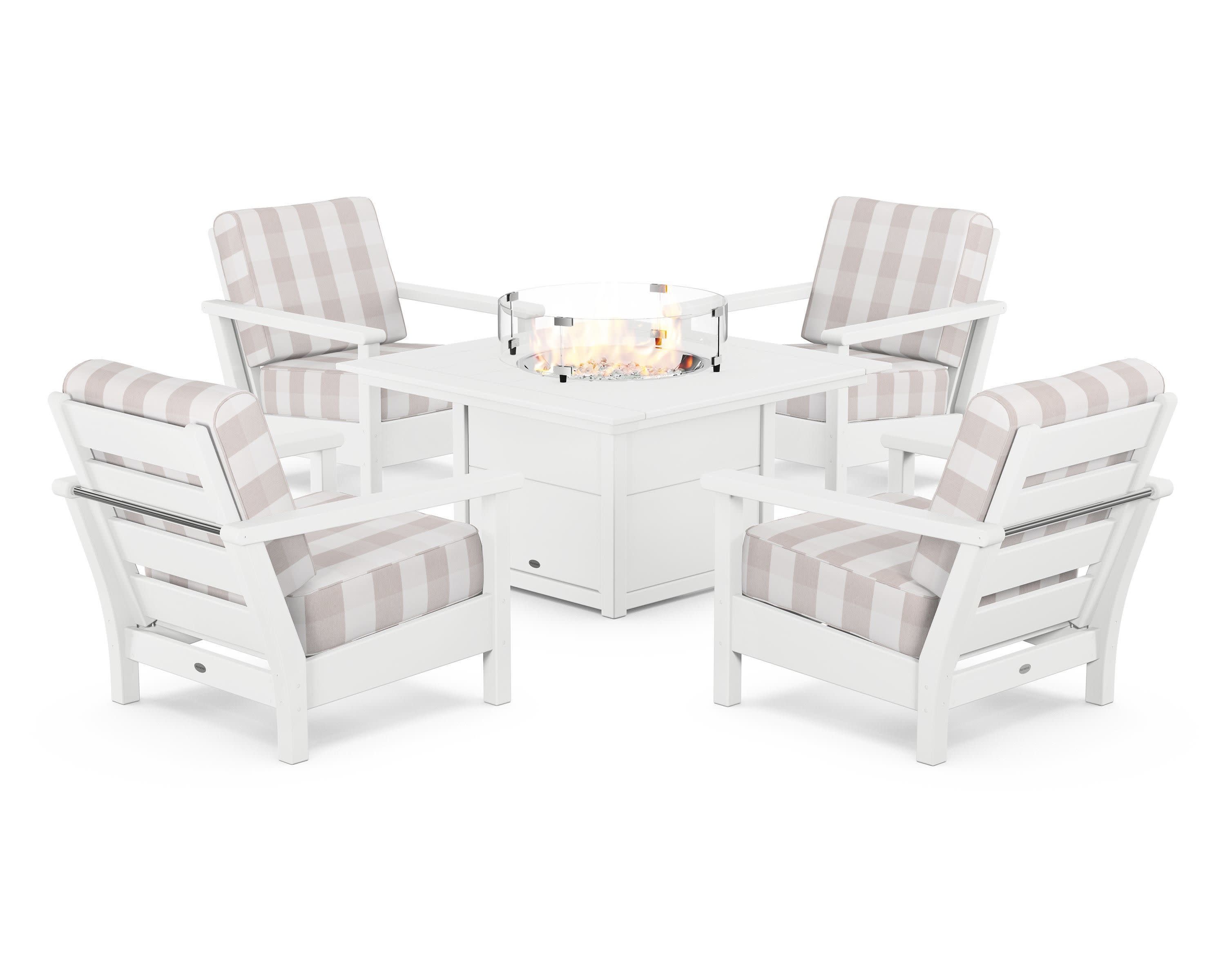 Harbour 5-Piece Conversation Set with Fire Pit Table in White / Buffalo Plaid Dune Burlap