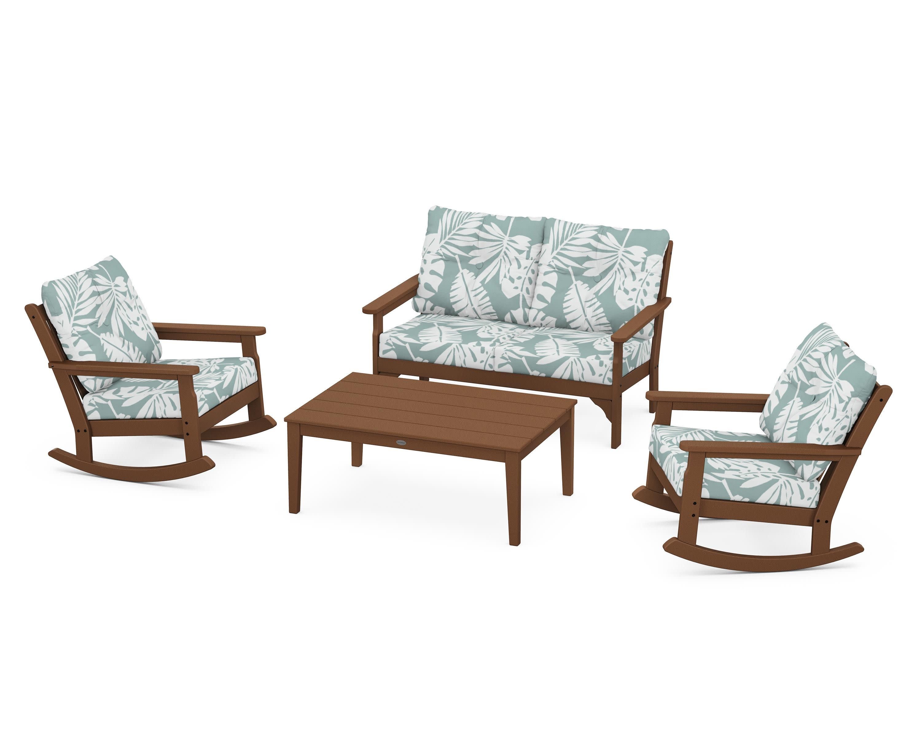 Vineyard 4-Piece Deep Seating Rocking Chair Set in Teak / Leaf Glacier Spa