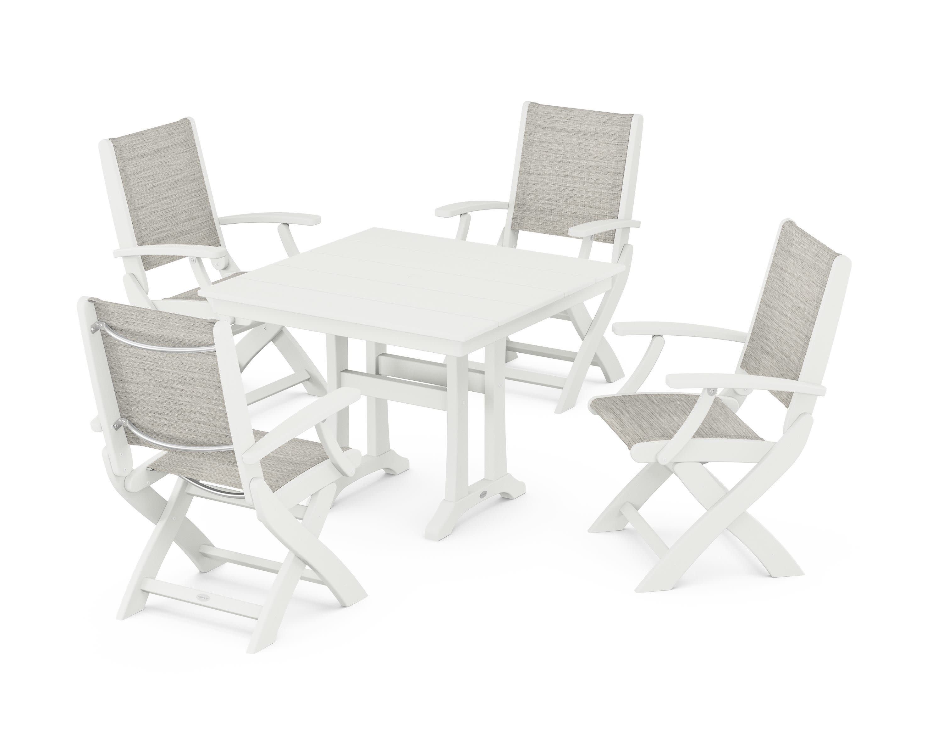 Coastal Folding Chair 5-Piece Farmhouse Dining Set With Trestle Legs in Vintage White / Birch Sling