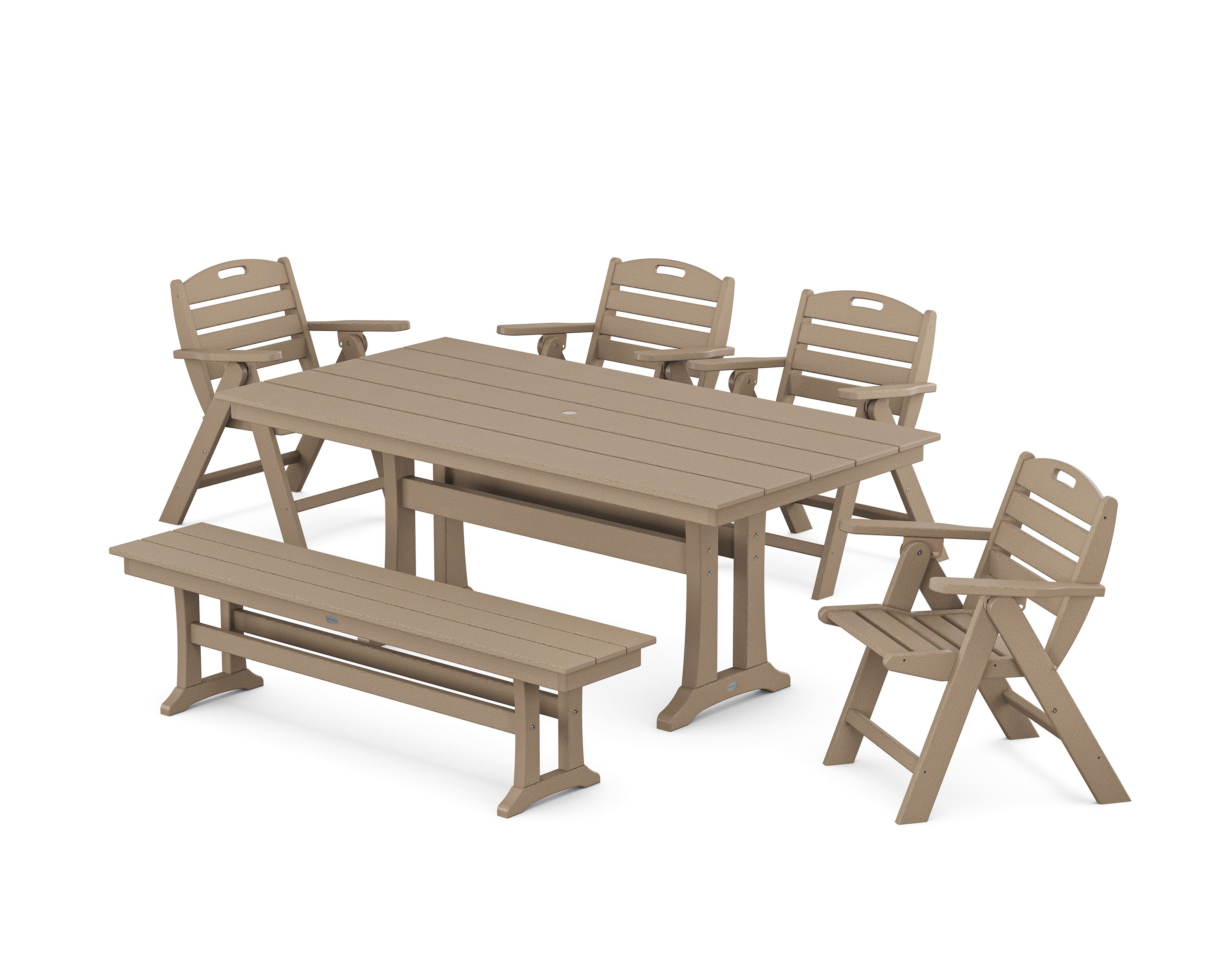 Nautical Lowback 6-Piece Farmhouse Dining Set with Trestle Legs and Bench in Vintage Sahara