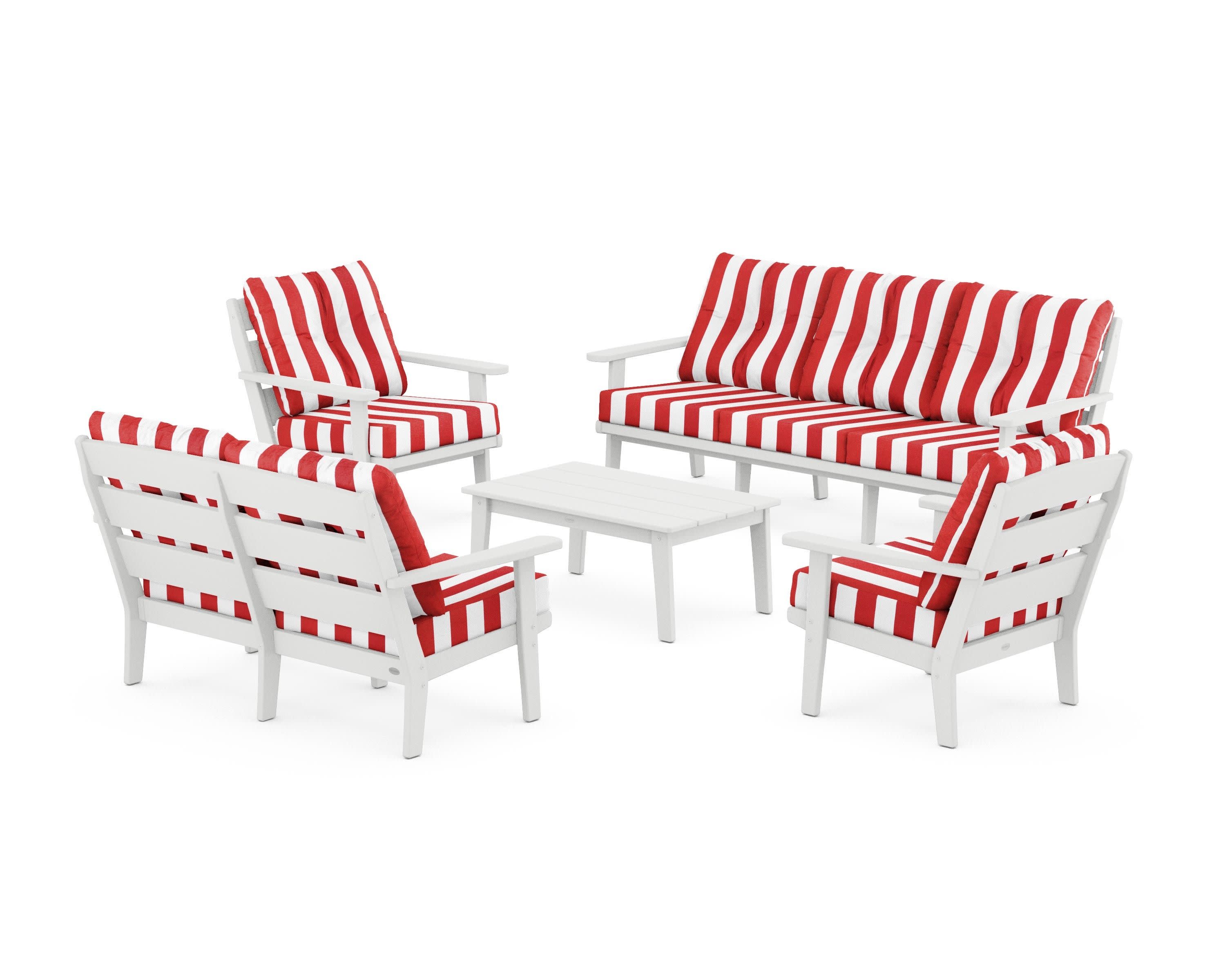 Lakeside 5-Piece Lounge Sofa Set in White / Cabana Stripe Crimson