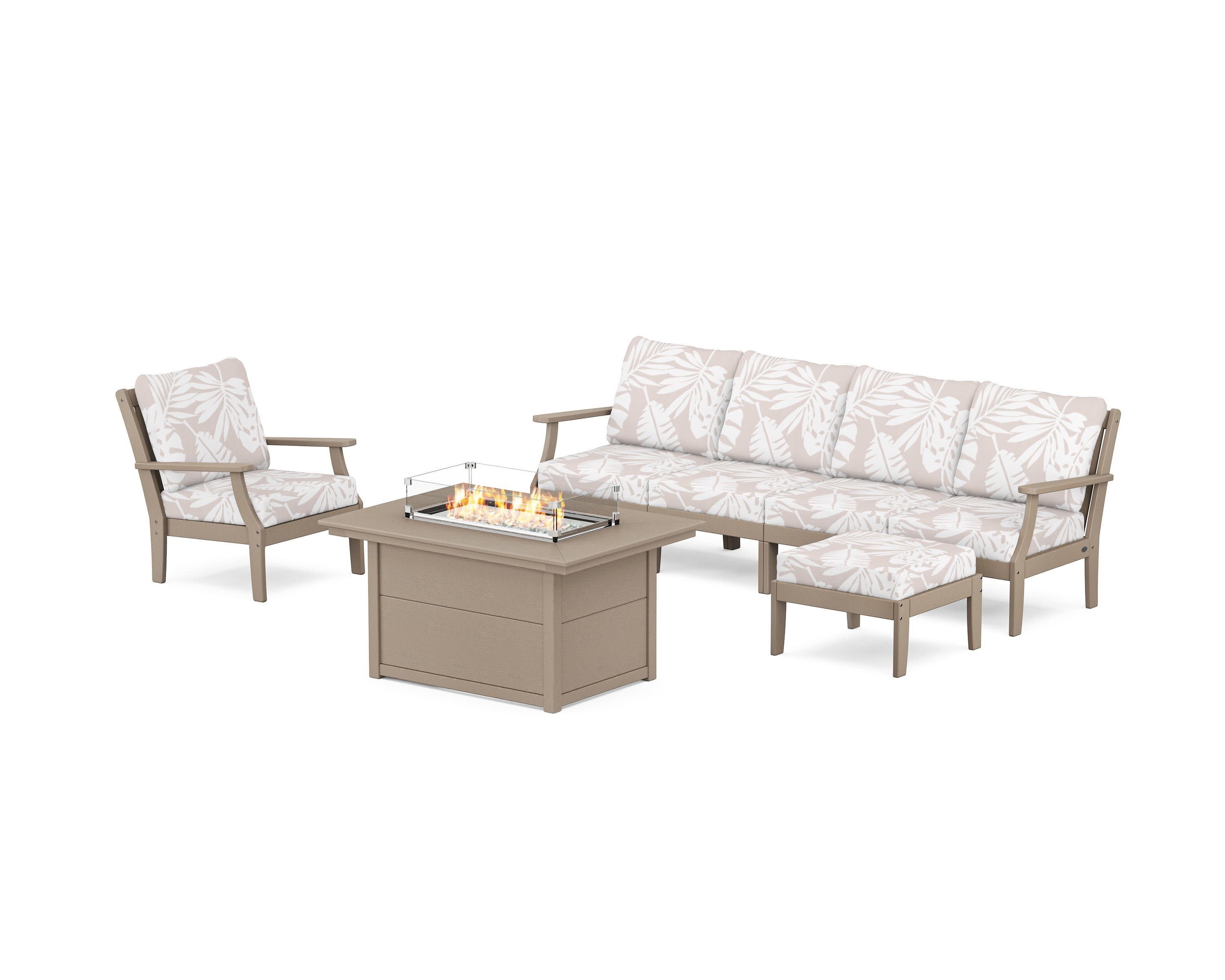 Braxton Sectional Lounge and Fire Pit Set in Vintage Sahara / Leaf Dune Burlap