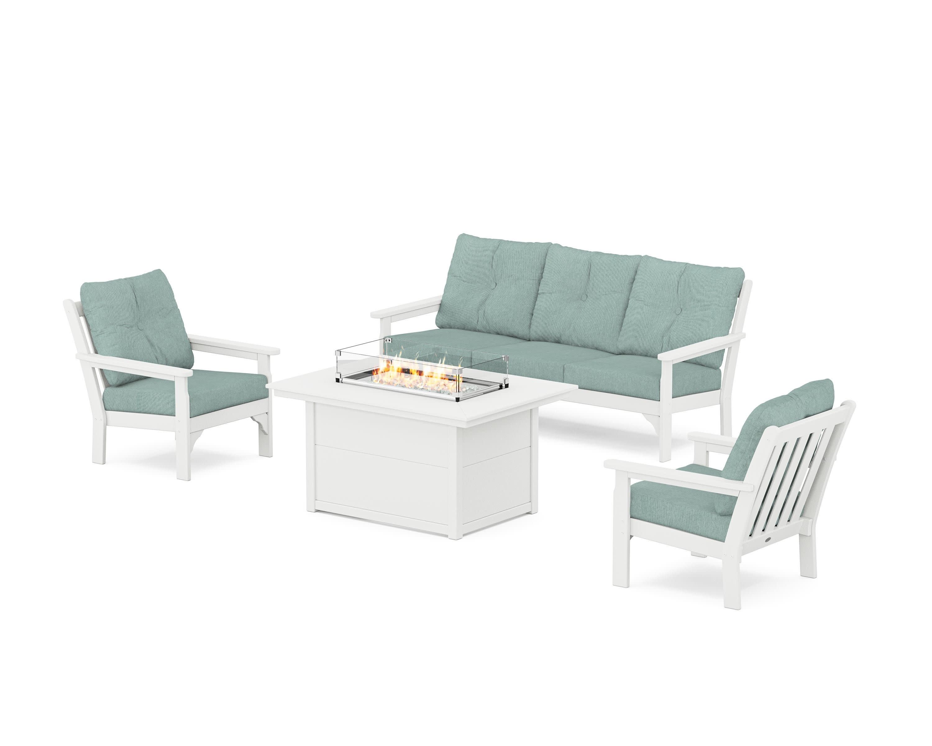 Vineyard Deep Seating Fire Pit Table Set in White / Glacier Spa