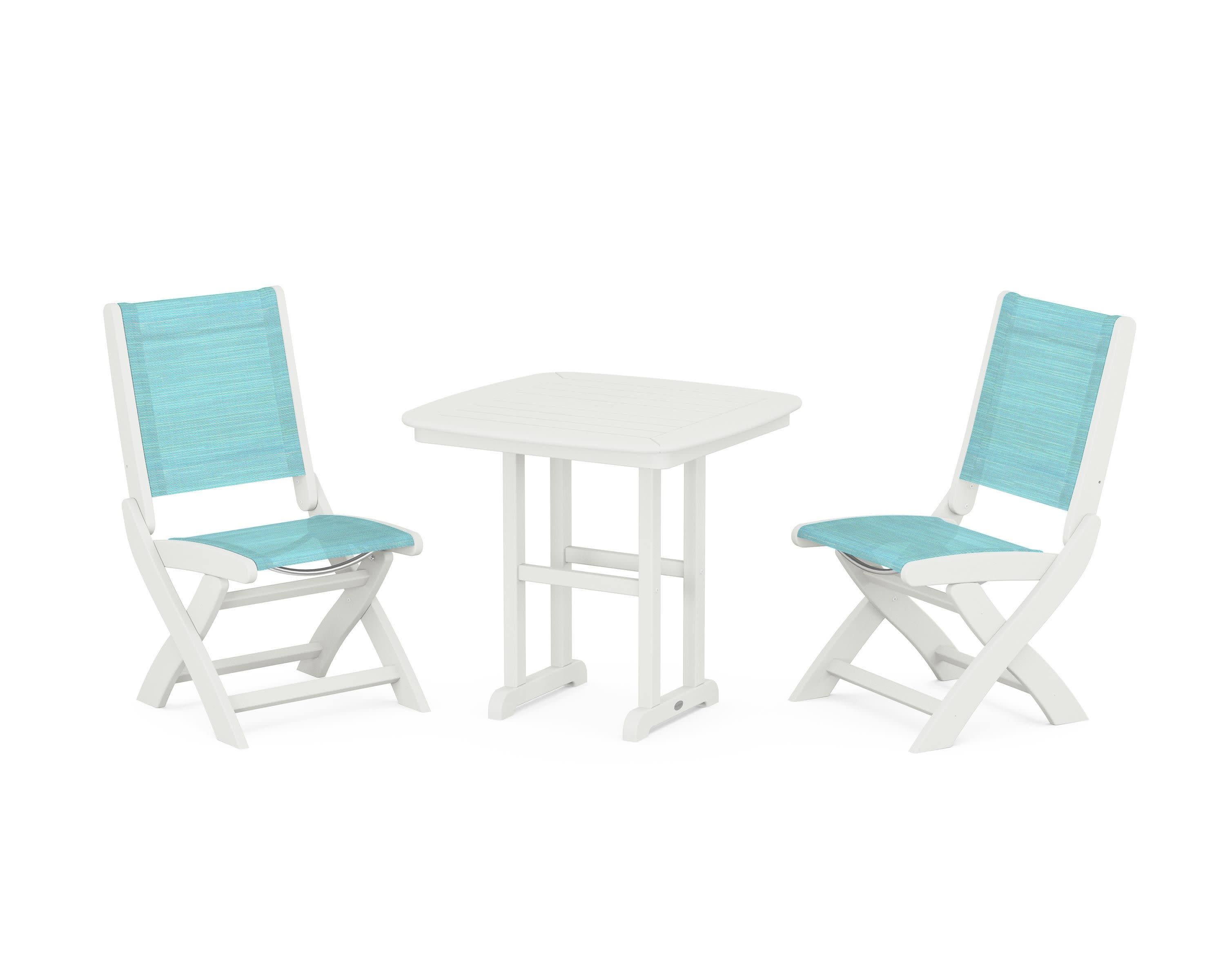 Coastal Folding Side Chair 3-Piece Dining Set in Vintage White / Dupioni Aquamarine Sling